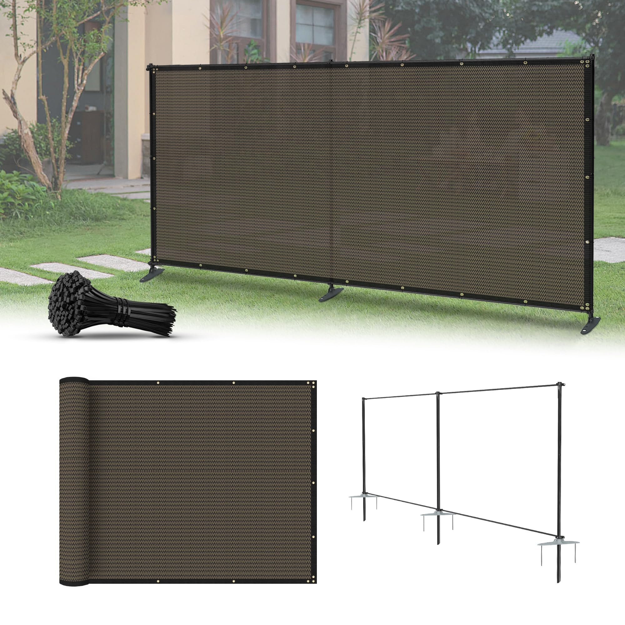 Photo 1 of INFRANGE 5' x 12' Privacy Fence Kit Freestanding Mesh Screen with Iron Poles Temporary Fencing Outdoor Patio Backyard Divider Dog Air Conditioner Trash Fence Brown