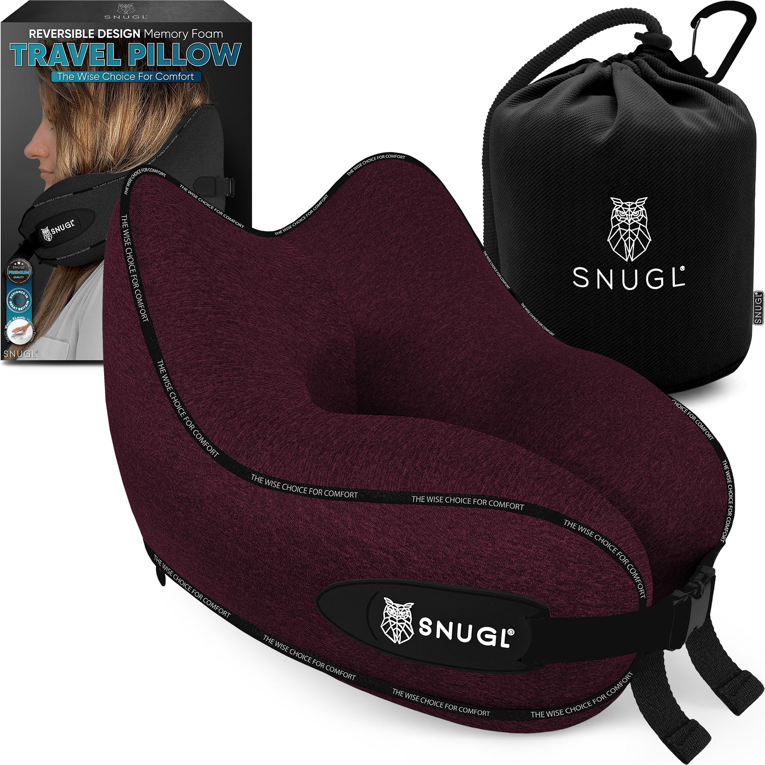 SNUGL Travel Pillow – Memory Foam Pillows - Airplane Neck Pillow with Carry Bag & Clip – Neck Support Travel Pillows - Airplane Essentials (Adult Regular - Dark Red)