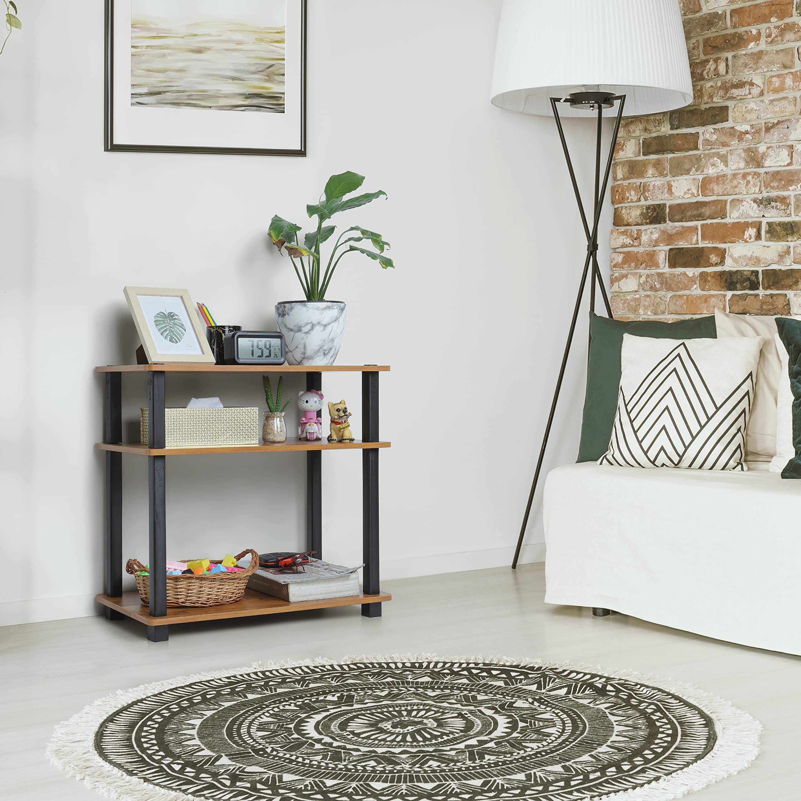 Livzing 3 Tier Turn-N-Tube Wooden Bedside Table for Bedroom-Multipurpose Table for Living Room-Standing Rack Shelf Wall Corner Bookshelf-Space Saving Organizer-Brown