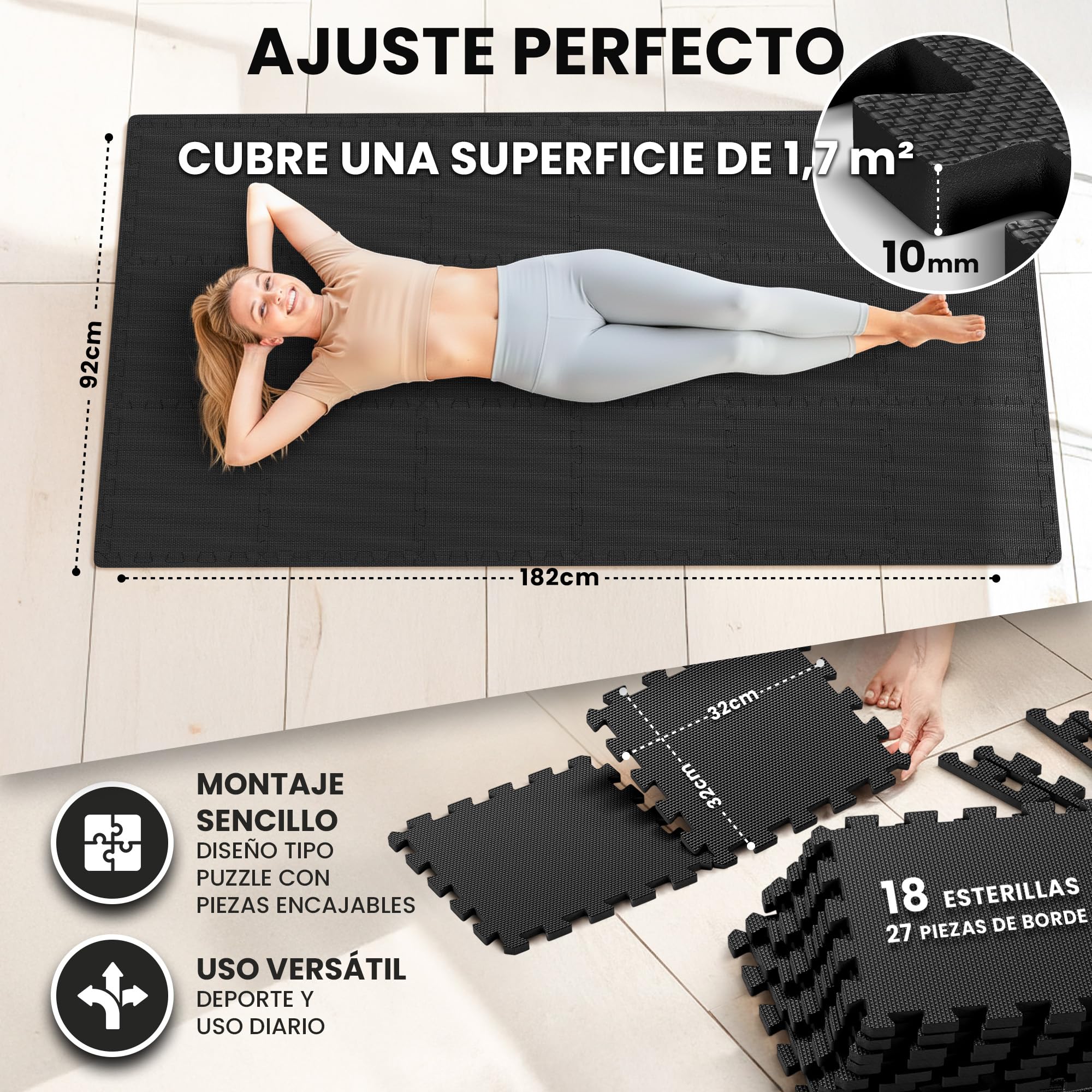 Esterilla Fitness Puzzle para Suelos de Gimnasio | Set de Protección Goma Espuma Losas Caucho para Máquinas de Deporte, Alfombrilla Protector Expandible Tatami Tapiz Alfombra Colchonetas Pesas Gym