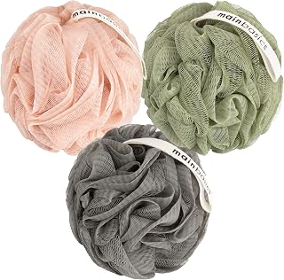 MainBasics Loofah Sponge Set of 3 - Premium Exfoliating Bath Shower Pouf Body Scrubber for Rich Lather & Smooth Skin