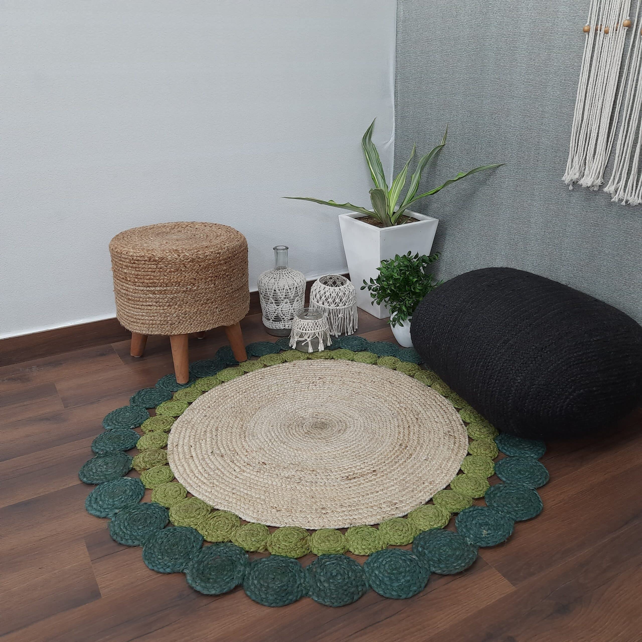 Tapis rond décoratif en jute naturel tressé à la main - Blanc et vert