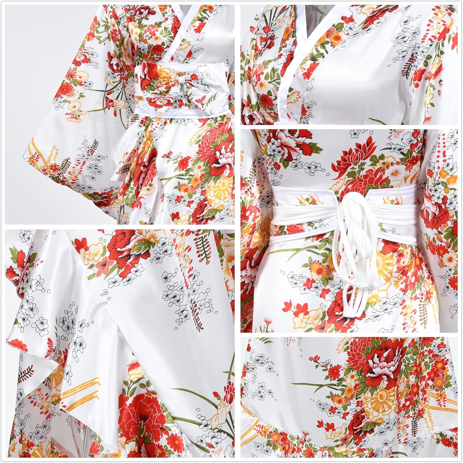 Women's Kimono Robe Geisha Yukata Sweet Tuxedo Ruffle Dress Blossom Satin Bathrobe Sleepwear Fans Tabi Socks Set - Image 5