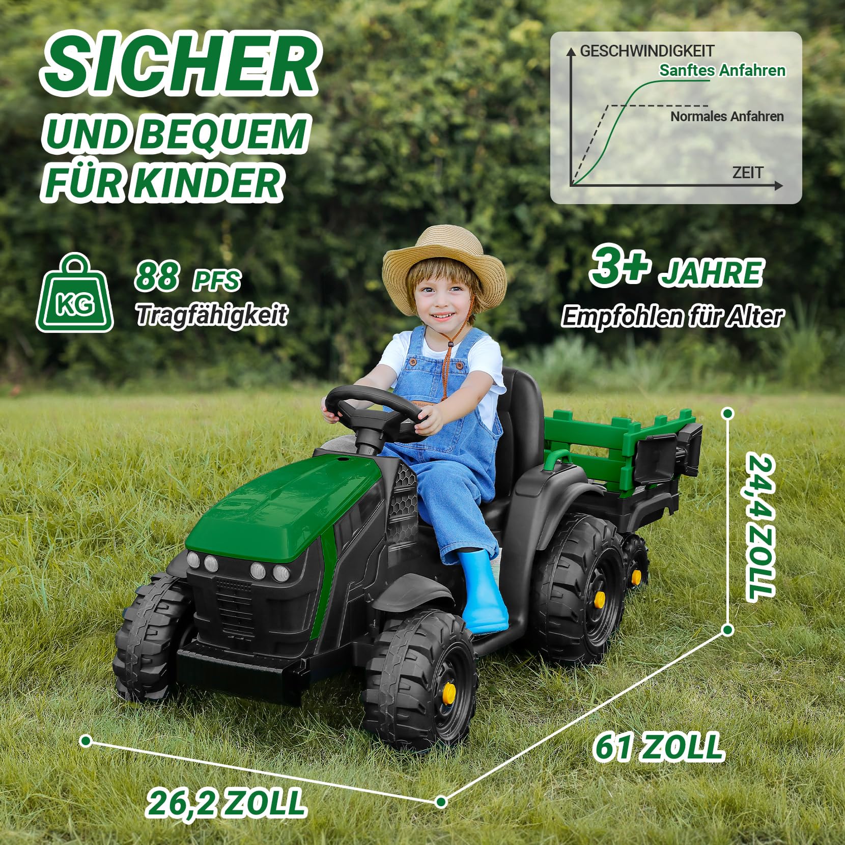 ELEMARA 24V 9AH Elektrischer Traktor für Kinder mit leicht abnehmbarem Anhänger, 400W Motoren Elektro Traktor, All-Terrain-Fähigkeit, Sicherheitsdesign mit 3-Punkt-Sicherheitsgurt für Alter 3+, Grün