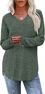 WIHOLL Womens Jumpers Long Sleeve Tops Ladies Lightweight Sweatshirt Curve Hem Tunic V Neck Shirt