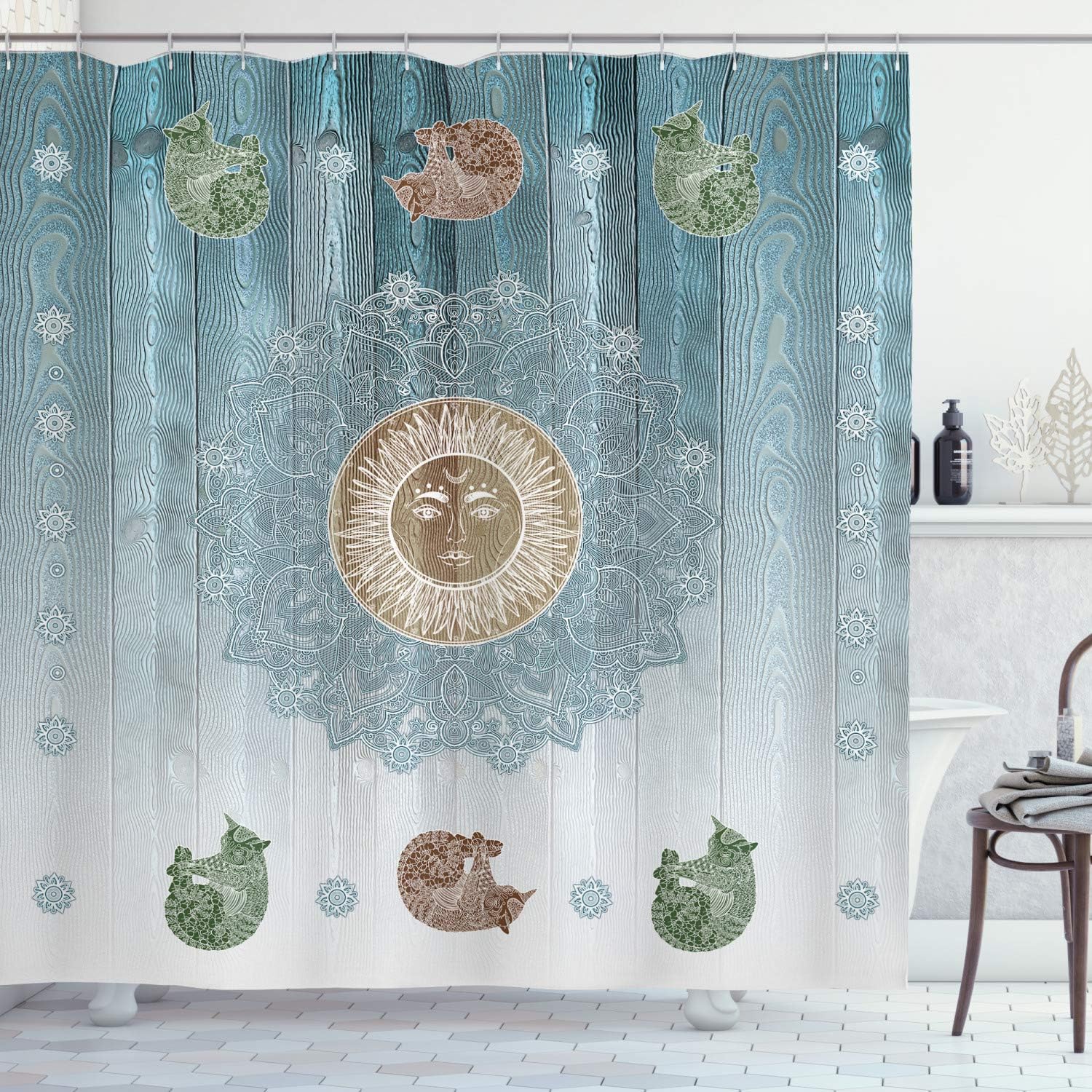 Ambesonne Hippie Shower Curtain, Sun Figure with Cats Totem Bohemian Style Old Display Illustration Print, Cloth Fabric Bathroom Decor Set with Hooks, 69" W x 70" L, Pale Grey and Teal