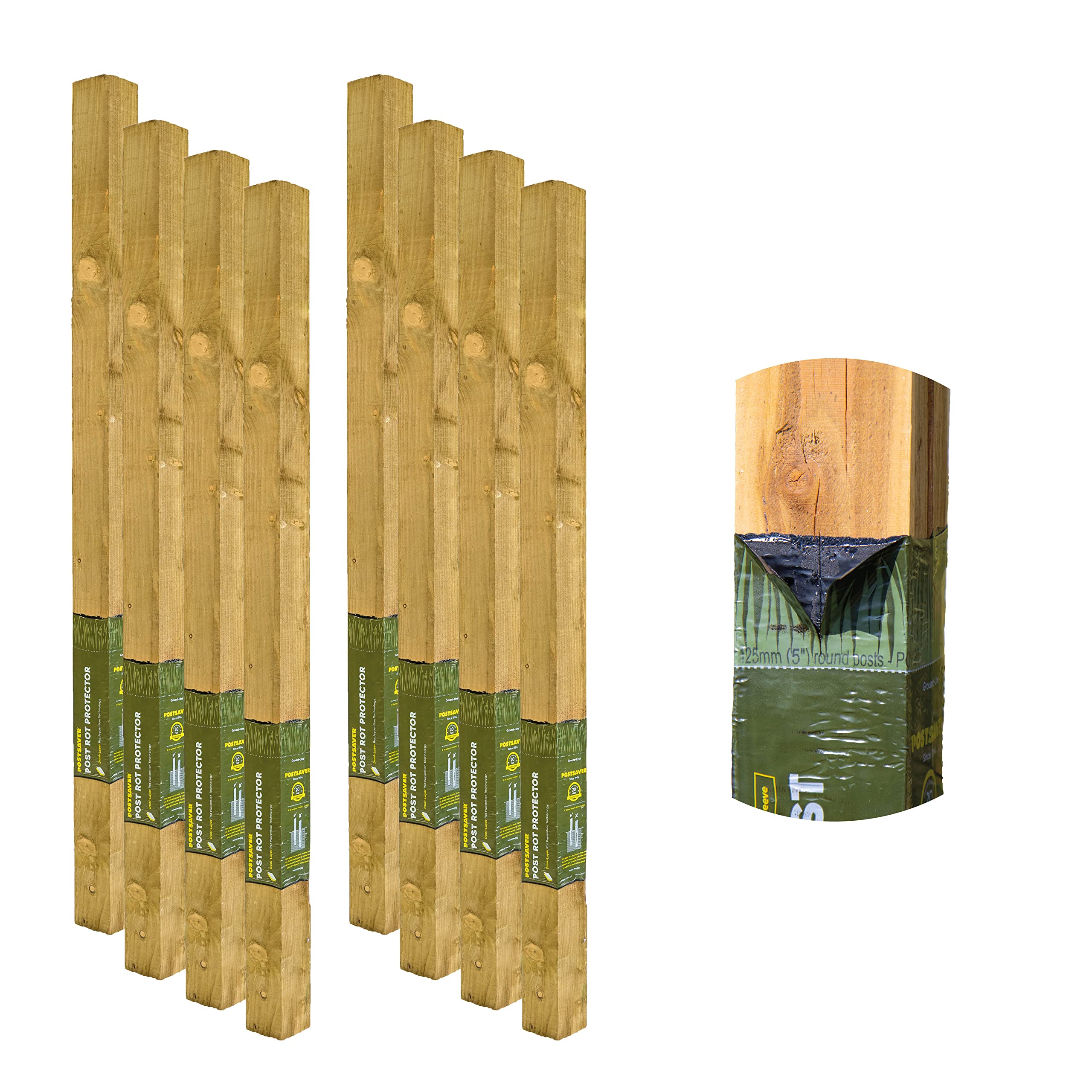 Postsaver Rot Protected Wood Fence Post 3x3" | Pressure-Treated Timber Post for Gardening | Decay-Protected with Postsaver Dual-Layer Rot Protector | 20-Year Guarantee | Pack of 8 | 6 Ft. Long