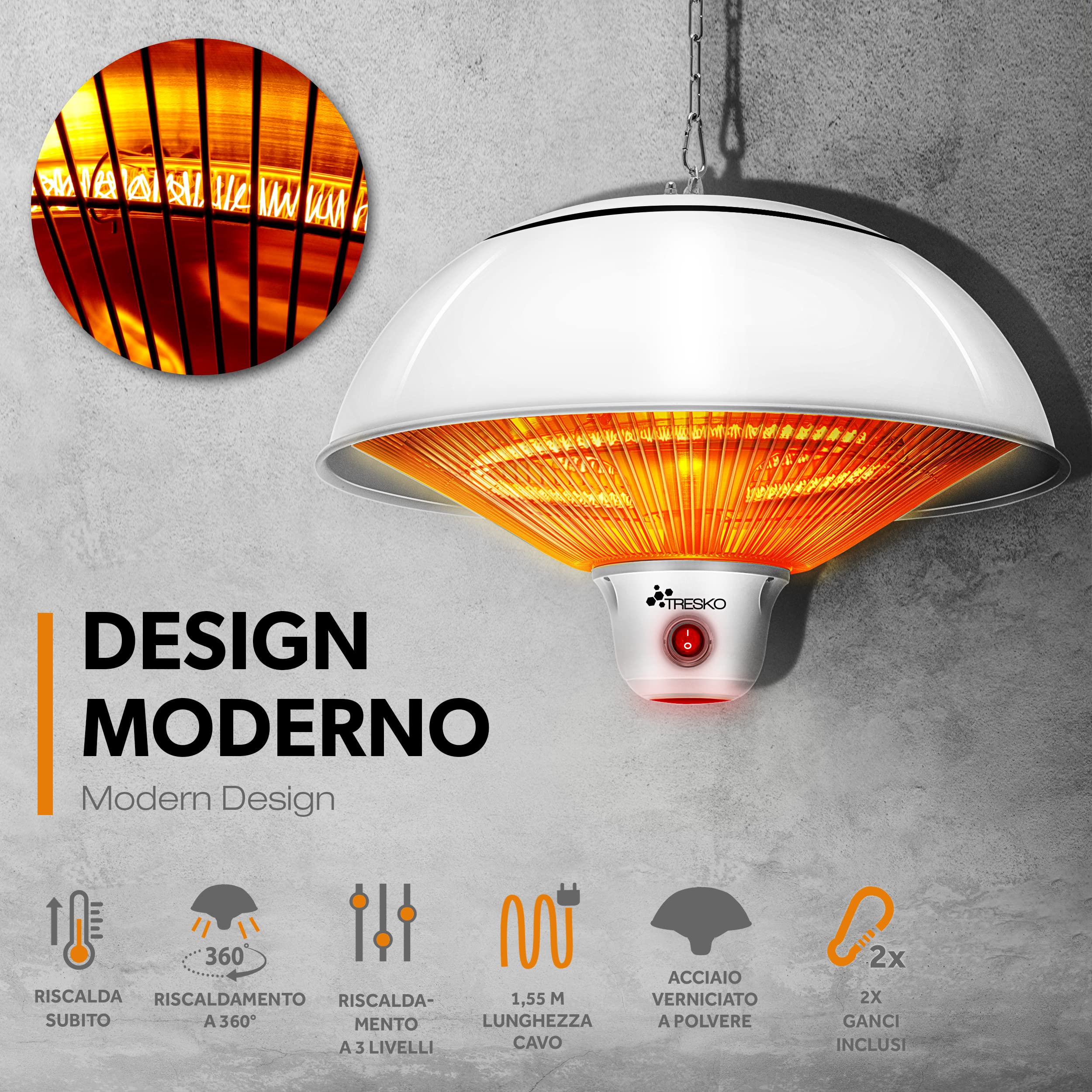 TRESKO Riscaldatore ad infrarossi per soffitto 1500W | Riscaldatore elettrico | Riscaldatore per patio per interni ed esterni | Stufa Elettrica Terrazza (Bianco)