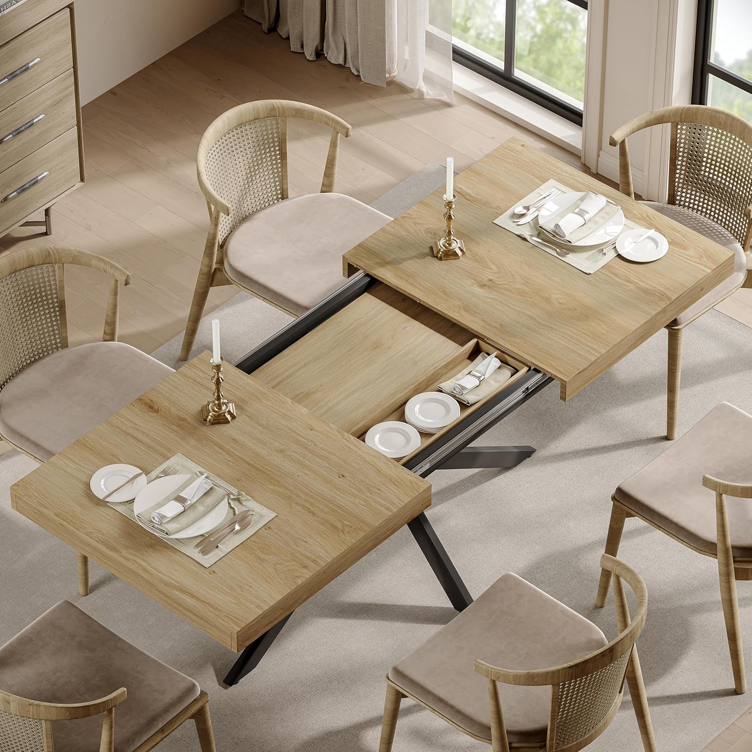 MECHYIN dining table with hidden storage compartment revealed
