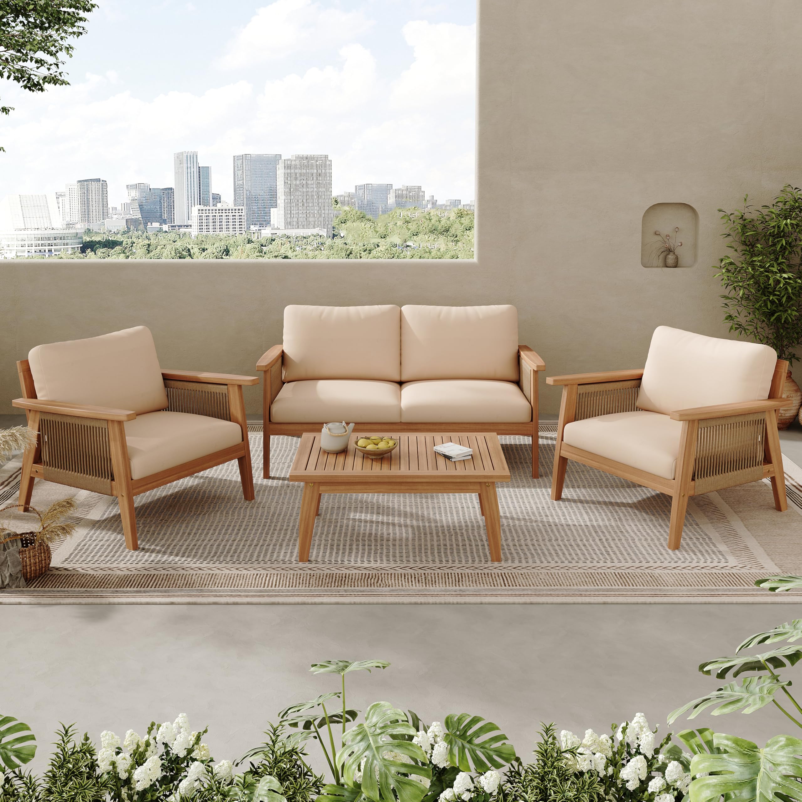 Photo 1 of **PARTS ONLY, MISSING PIECES** Christopher Knight Home Lorna 4-Seater Patio Furniture Set with Removable Cushion, 4 Piece Outdoor Acacia Wood Conversation Set, Sold Wood Outdoor Sectional Sofa Set with Coffee Table, Teak+Beige