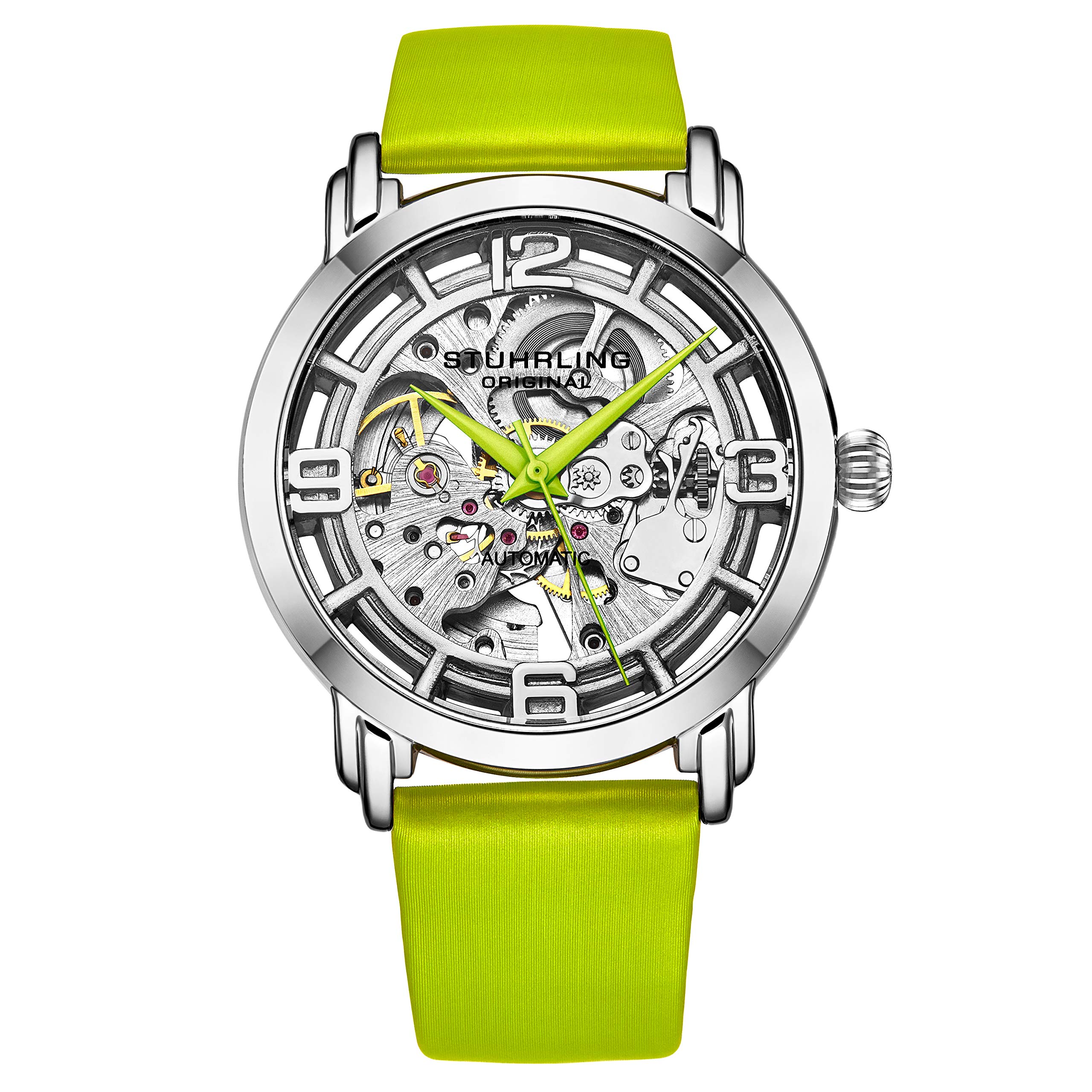 Stuhrling Original Watches for Women Automatic Watch - Skeleton Watch for Women - Self Wind Womens Dress Watches with Silver Face and Green Leather Watch Strap Mechanical Wrist Watch for Woman