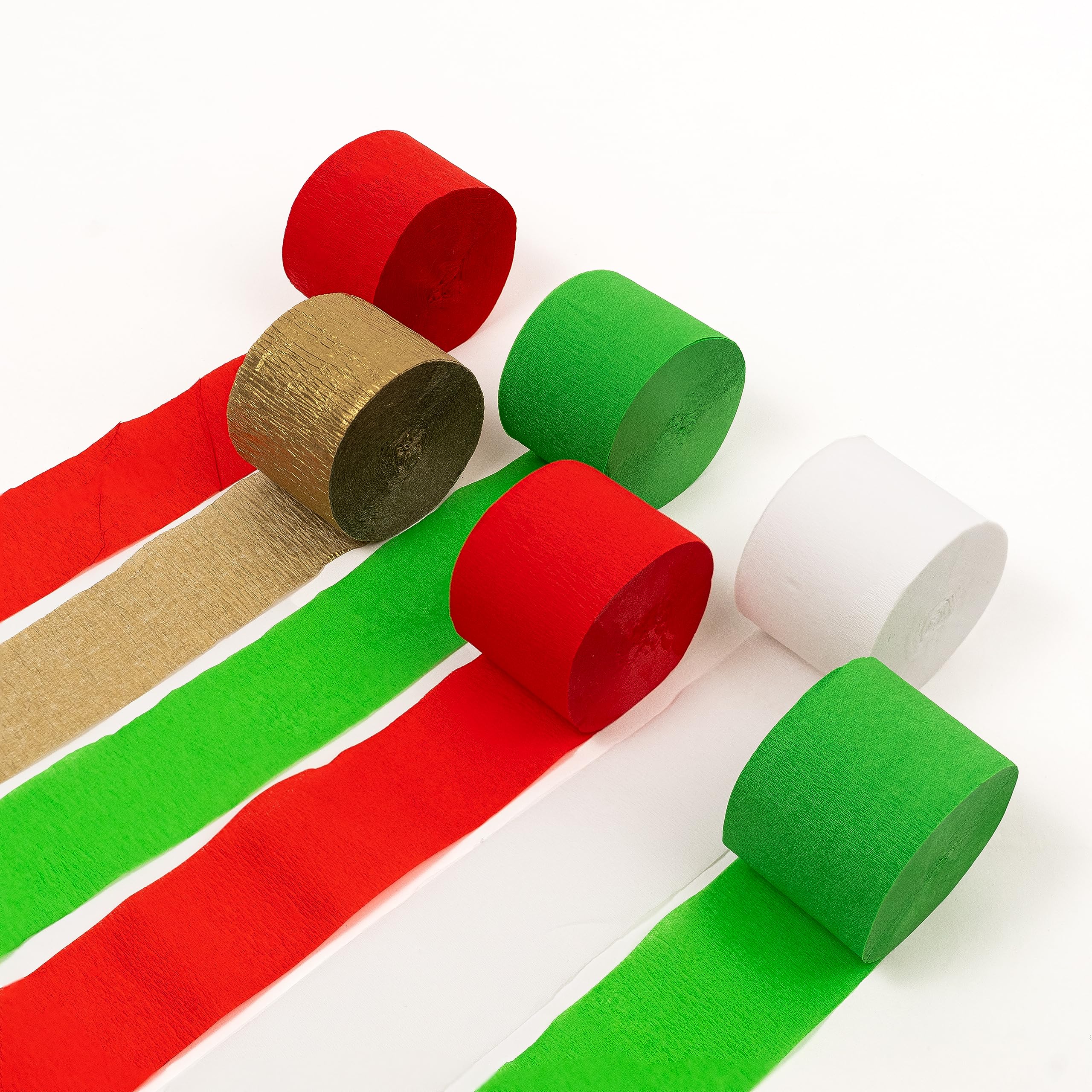 HOUSE OF PARTY Crepe Paper Streamers - 6 Rolls of Red Green White and Gold Streamers 492ft (1.8 Inch x 82 Ft/Roll) Christmas Party Decorations for Office Indoor Outdoor