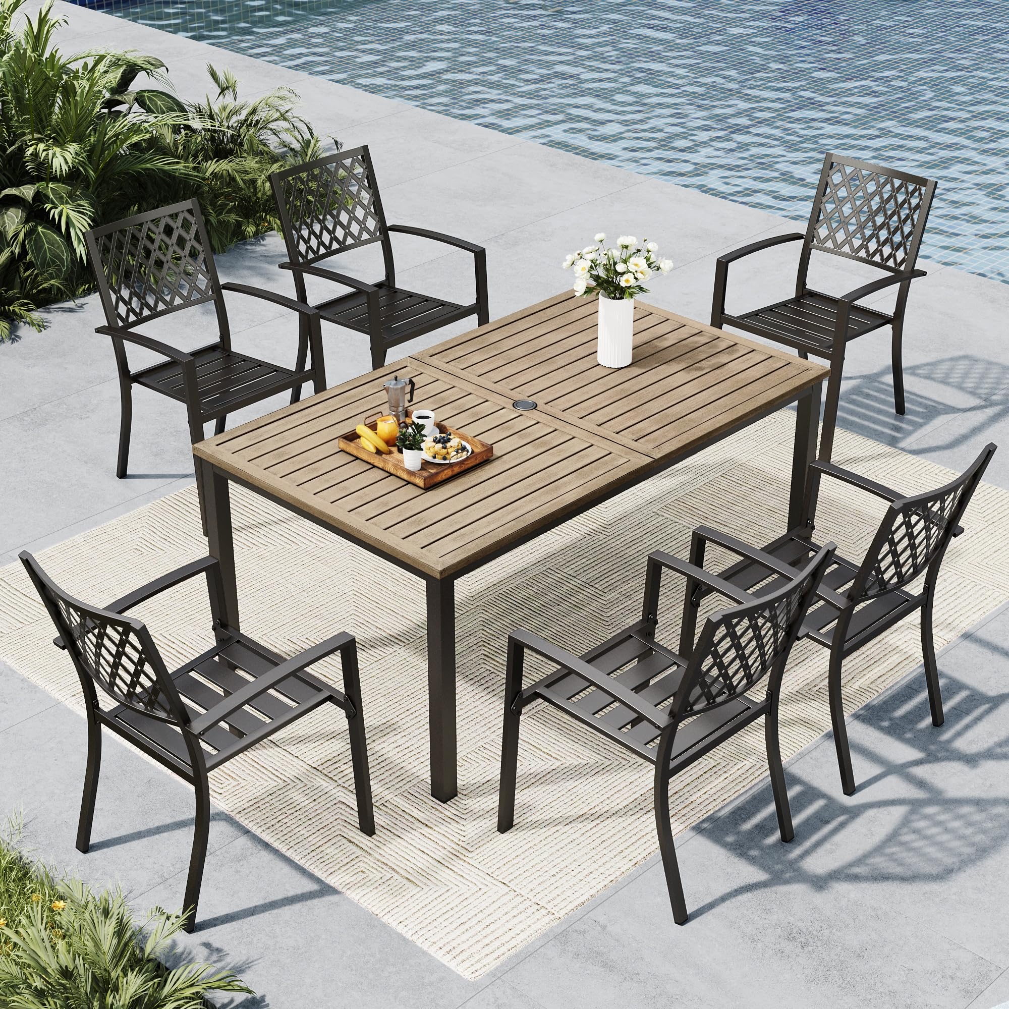 MFSTUDIO Outdoor Dining Set for 6, Metal Patio Dining Set with Umbrella Hole, 7 Piece Patio Table and Chairs Set for Deck Backyard Poolside Garden