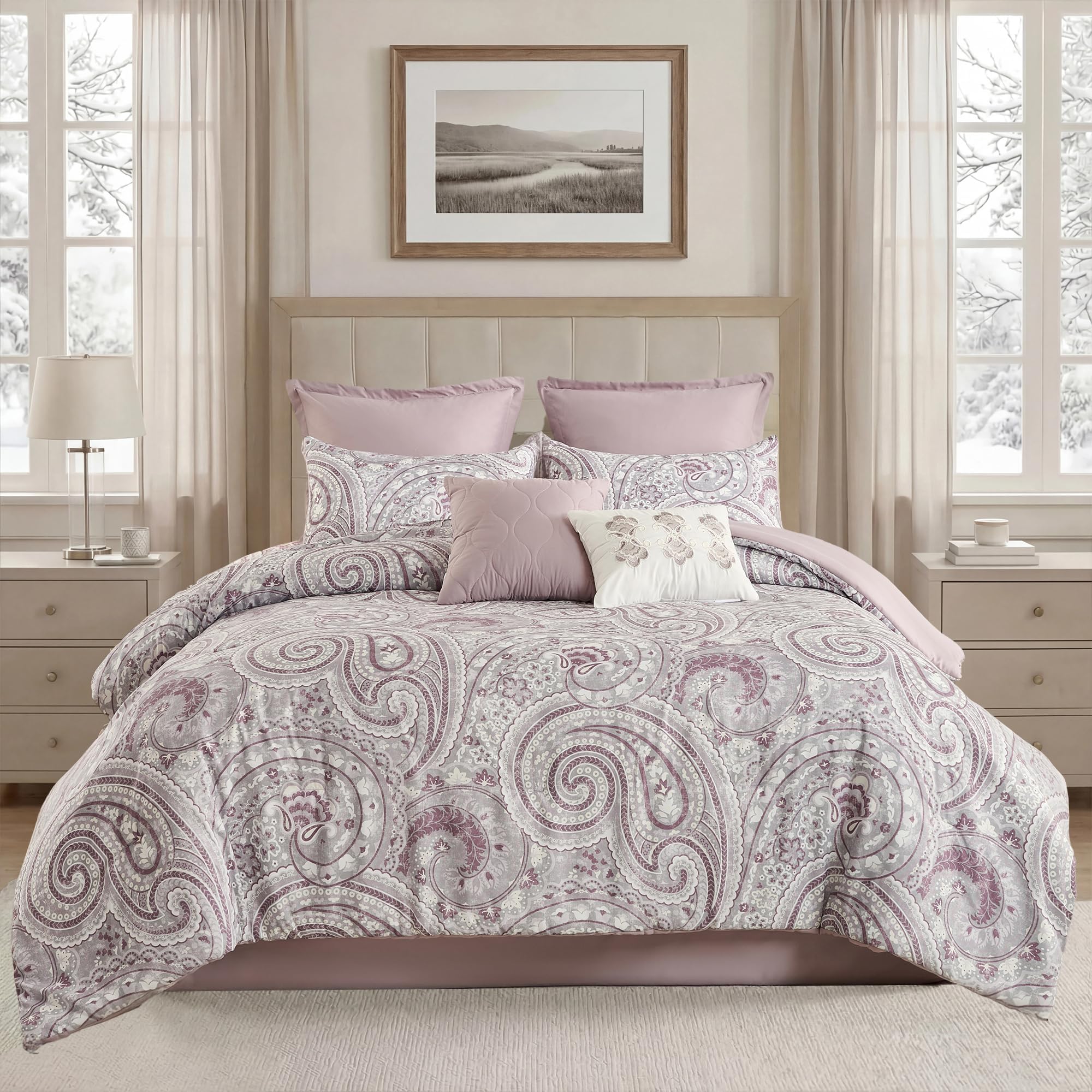 Boho Comforter Set King Size, 8 Pieces Soft Bohemian Bedding All Season Paisley Floral Bed Set with Comforter, Bedskirt, Shams, Dec Pillows, Plum