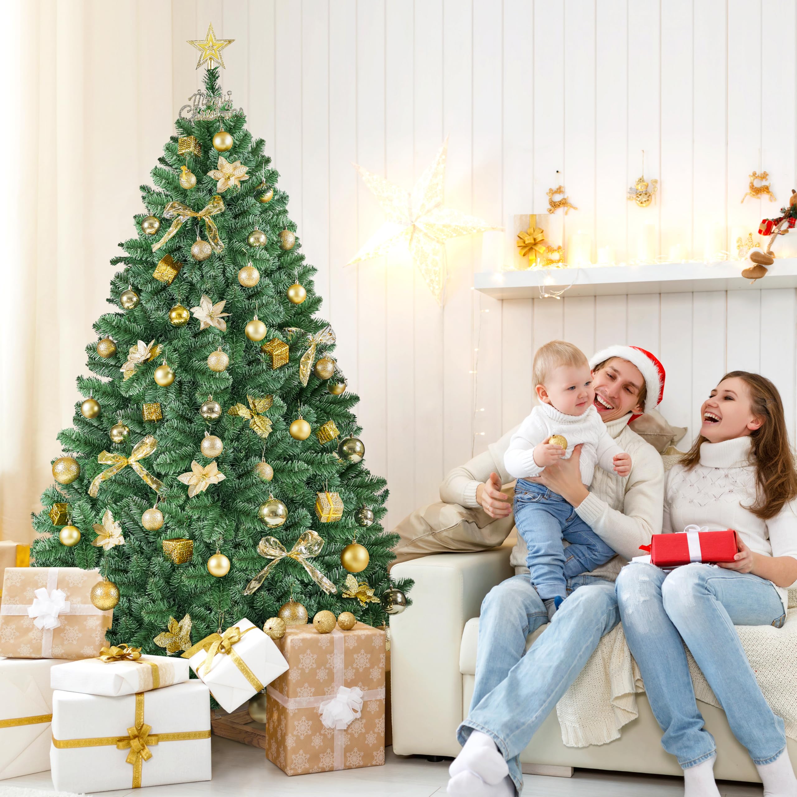 Yaheetech Árbol de Navidad Artificial de 183 cm con 903 Puntas, Resistente al Fuego, PVC, Incluye Soporte de Metal con Vetas de Madera de Abeto, Color Verde