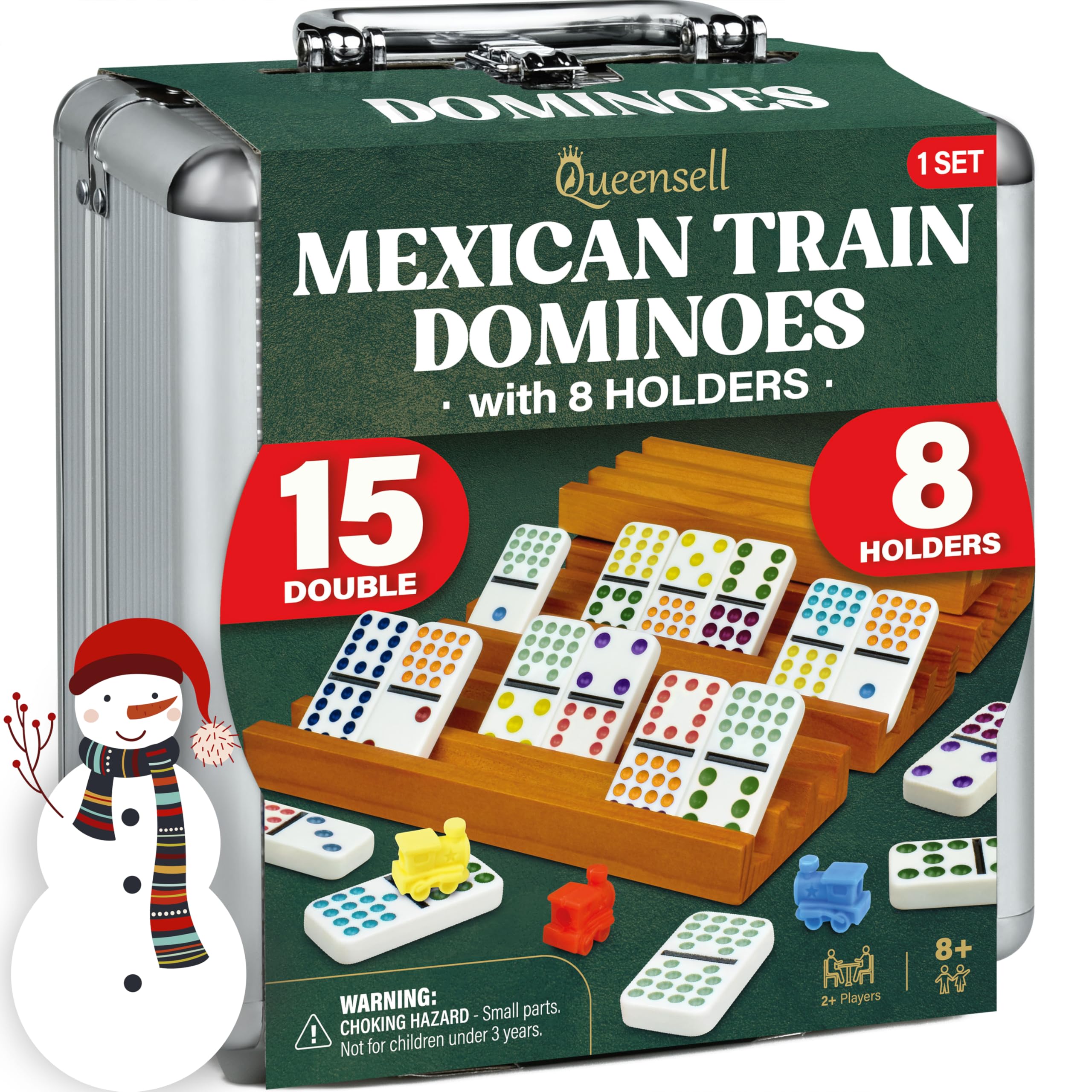 Queensell Mexican Train Dominoes Set Double 15 with 8 Holders - Wooden Hub and Tiles Holders - Double 15 with Dots (D15 + 8 Holders)
