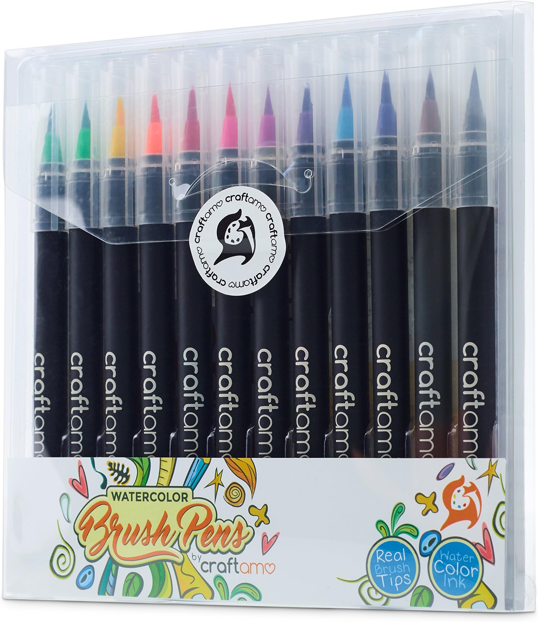 Craftamo Watercolor Brush Pens for Lettering, Painting, Coloring, Crafting & Calligraphy - 12 Premium Soft & Flexible, Real Brush Tipped Journaling Pens