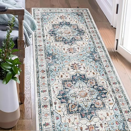 Miniatura 7 de Alfombra de pasillo de 2 x 12 pies, extra larga, lavable con parte trasera de goma, antideslizante, alfombra de medallón vintage para cocina,