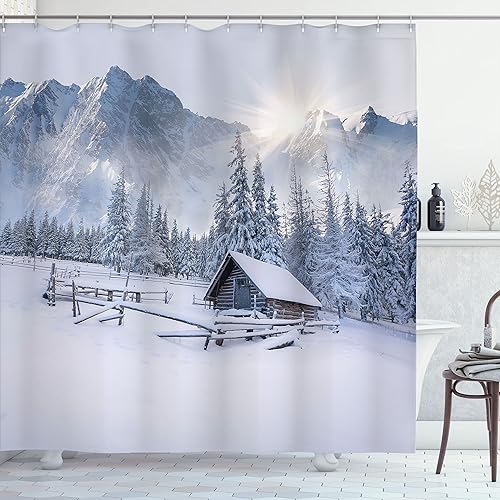 Miniatura 53 de Ambesonne Cortina de ducha de Navidad, estilo retro, palabras de deseos de Navidad con forma de árbol con adornos, juego de decoración de baño de