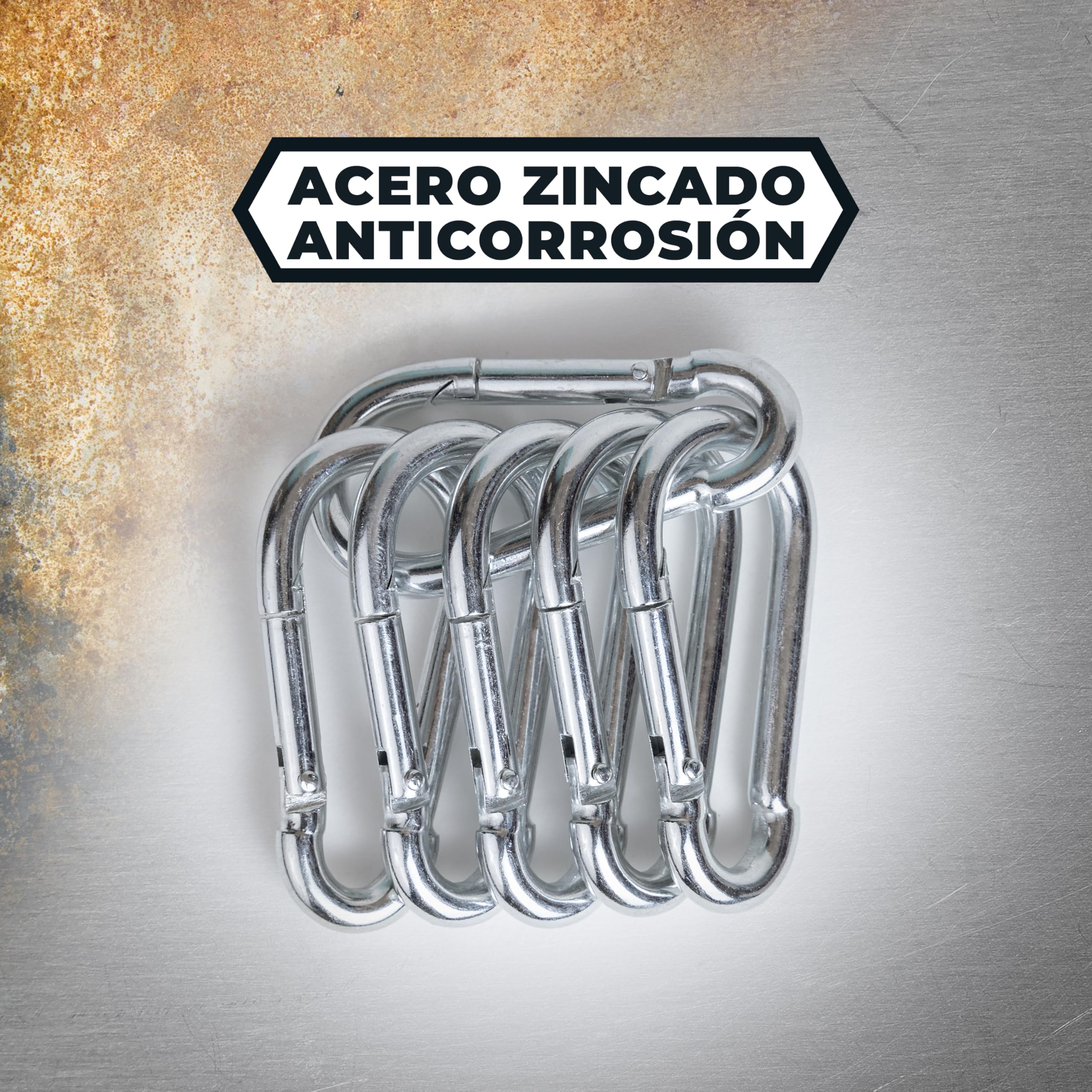Moschettoni piccoli | Confezione 6, 12, 50 o 100 pezzi | 5x50, 6x60, 8x80 | Acciaio zincato | Resistenti e antiruggine | Moschettone per portachiavi, campeggio, tende da sole, amache, zaini