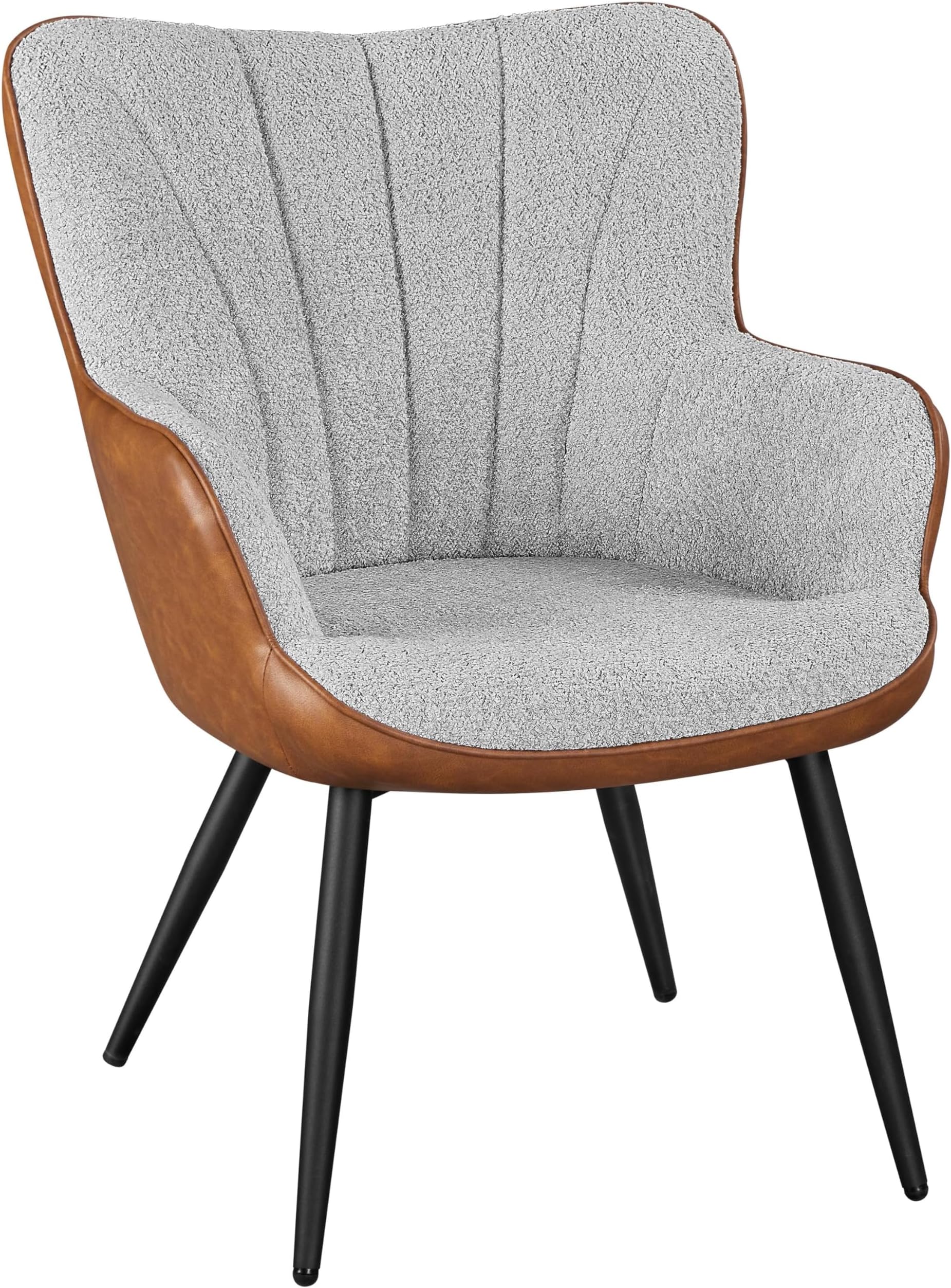 Accent Chair, Modern Fuzzy Boucle Fabric and Faux Leather Armchair, Upholstered Vanity Chair with High Curved Back and Metal Legs for Living Room Makeup Bedroom, Gray/Retro Brown