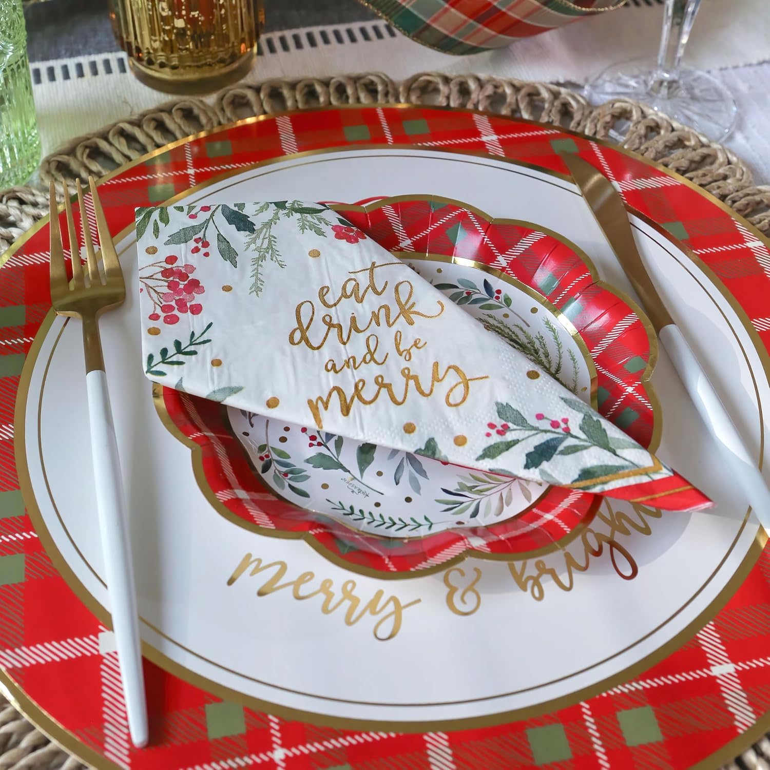 Kate Aspen 13" Disposable Holiday Placemats/Chargers, 24-Pack – Spillproof & Durable Merry & Bright Christmas Tree Design & Festive Red & Green Plaid Border image 3