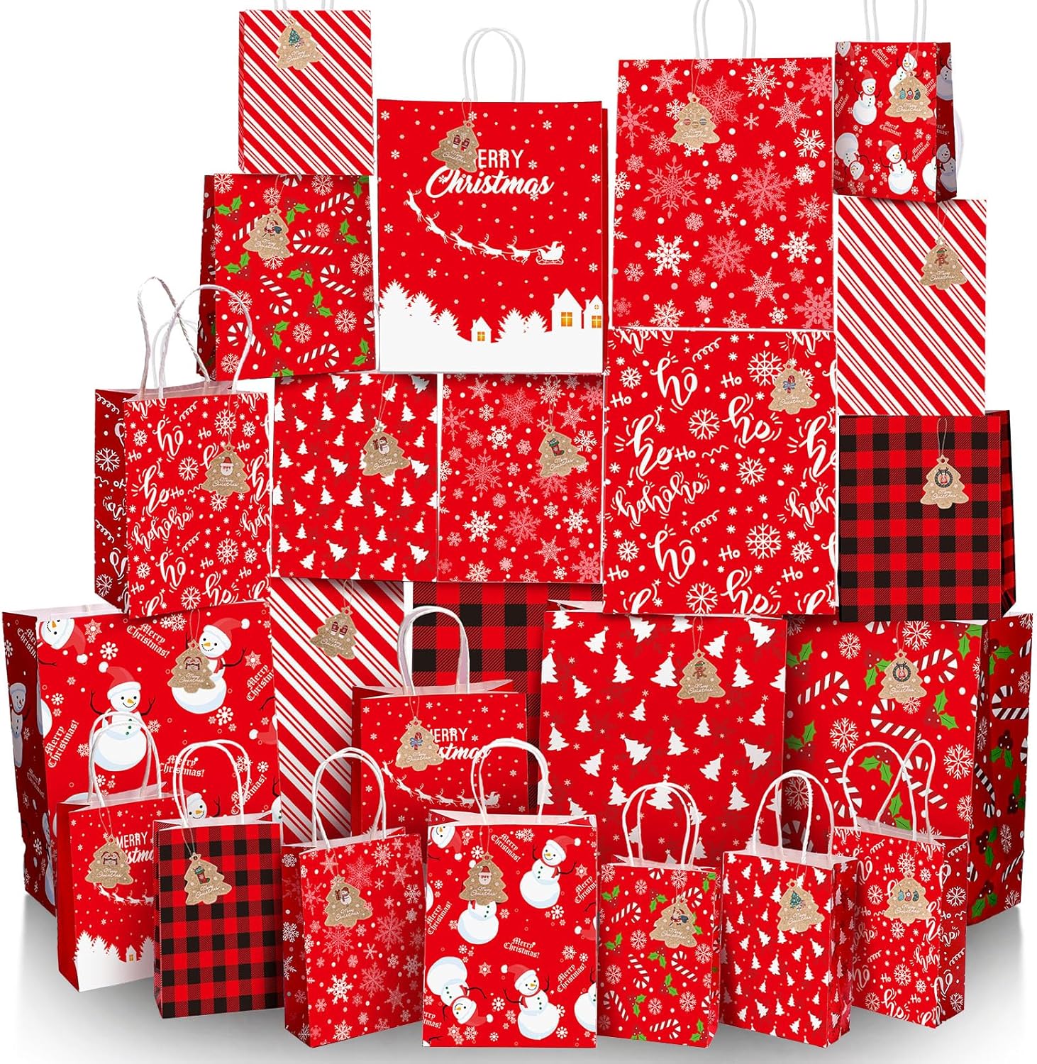 TaoBary 24 Pcs Christmas Gift Paper Bags Bulk with Handles and 48 Gift Tags Assorted Sizes Xmas Favors Bags Reliable Xmas Goodie Paper Pouches 8 Styles 3 Sizes for Holiday Party Favors Wrapping