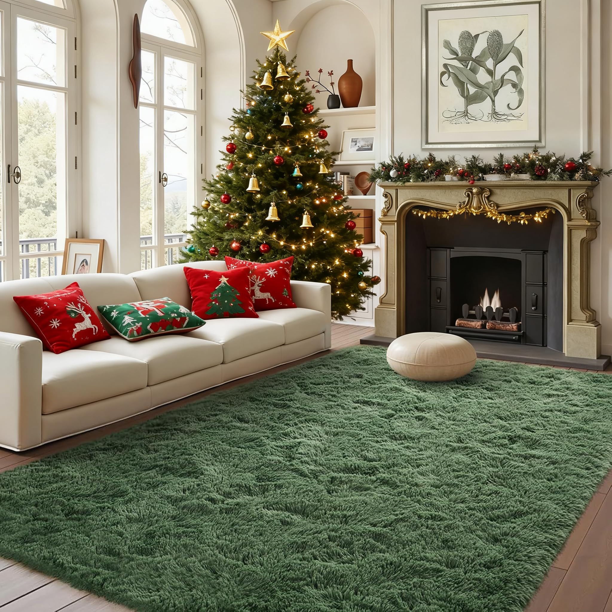 FinRèc Green Rugs for Living Room Bedroom, 4x6 Feet Fluffy Fuzzy Shag Rug, Non-Slip Furry Shaggy Area Rug for Nursery Kids Room Dorm Room Home Decor,