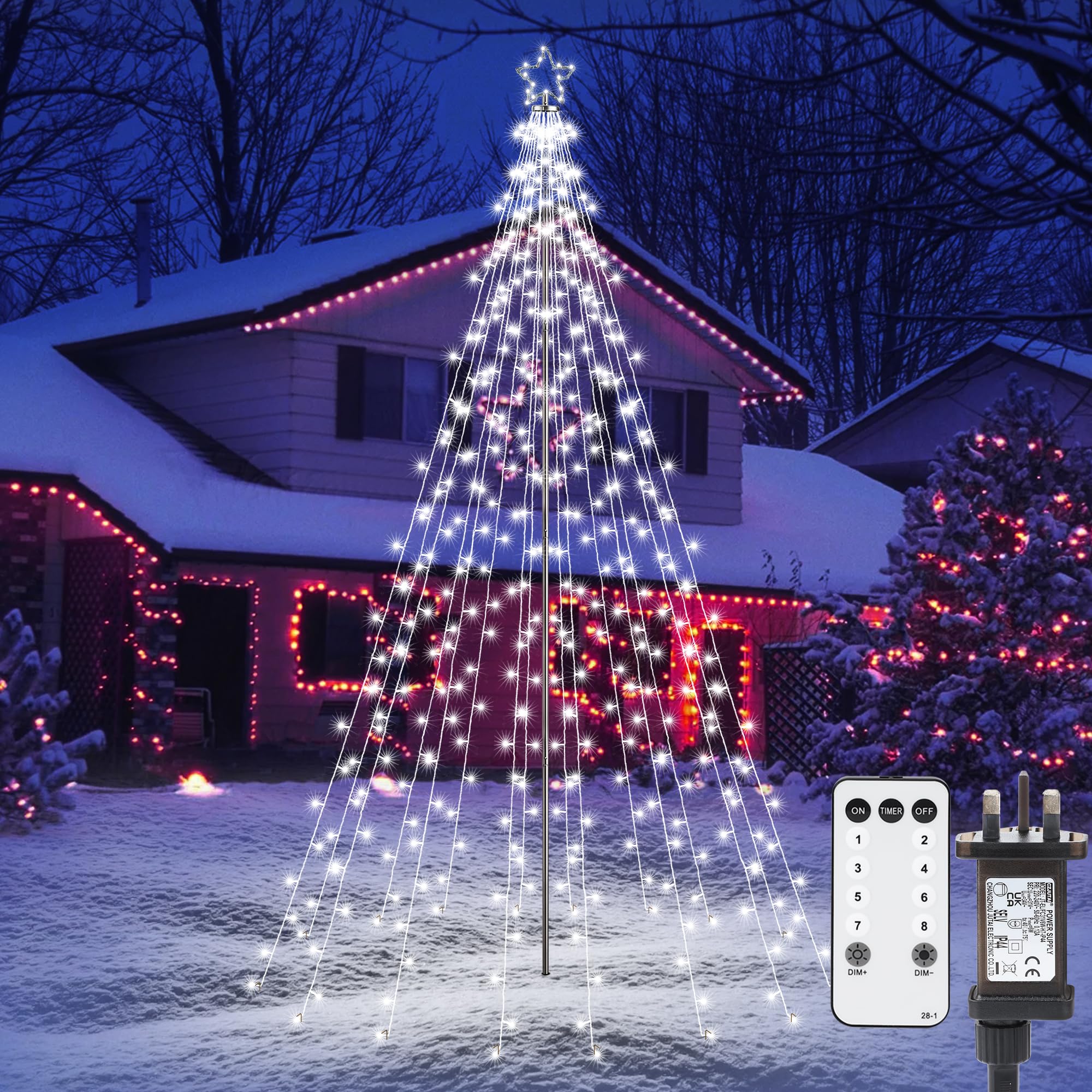 Joomer Christmas Tree Lights Topper Star, Height 7.5ft 274 LED Outdoor Christmas Lights Mains Powered with Remote Control, 8 Modes Dimmable Timer String Fairy Lights for Garden Lawn Xmas Decor(White)
