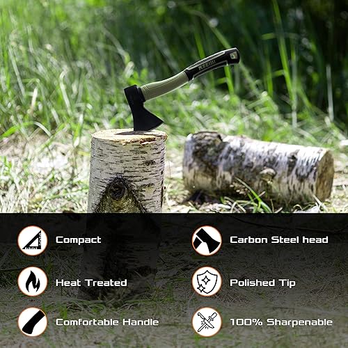 Miniatura 4 de KSEIBI Hacha con funda, hacha de camping para dividir y encender madera, hoja de acero forjado con mango antideslizante y reducción de golpes,