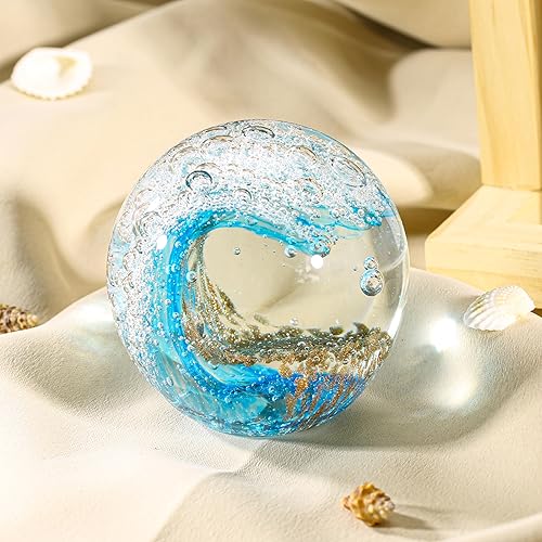 Miniatura 2 de Figura de vidrio soplado a mano con ondas oceánicas, bola de vidrio pisapapeles, decoración del hogar, decoración de acuario y oficina para amantes