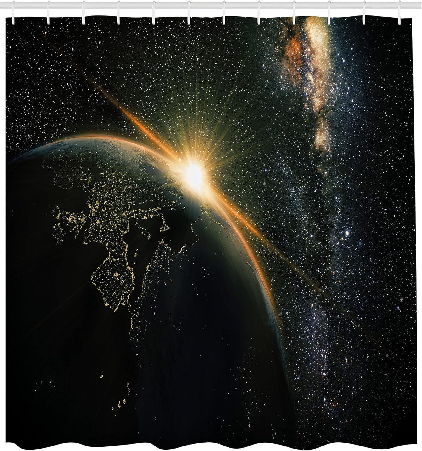Ambesonne Galaxy Shower Curtain, Sunrise View of The Planet Earth from Space with Stars in Milky Way Outer Space Art Print, Cloth Fabric Bathroom Decor Set with Hooks, 69" W x 84" L, Black