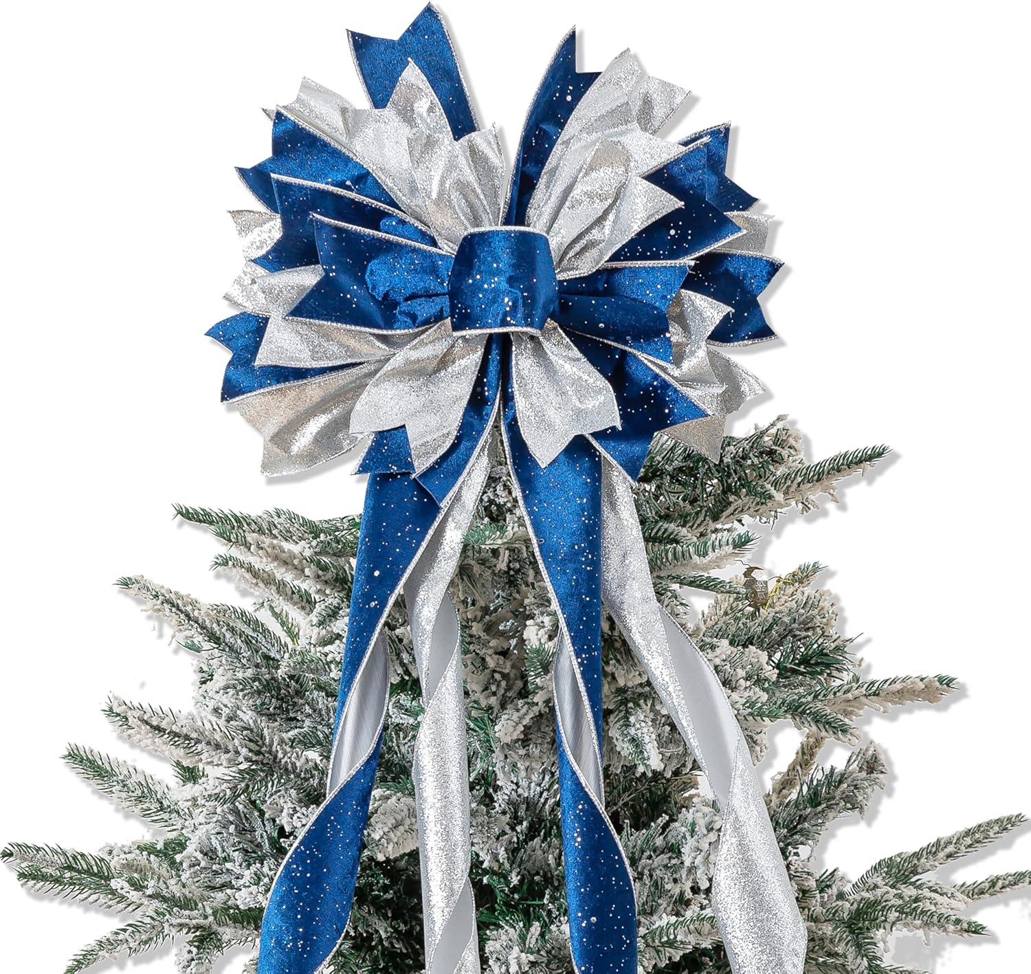 Red Gold Christmas Tree Topper, 40x13 Inches Toppers Bow with Glitter Satin Mesh Streamer and Patterned Ribbon, Christmas Tree Topper Bow for Christmas Home Decoration