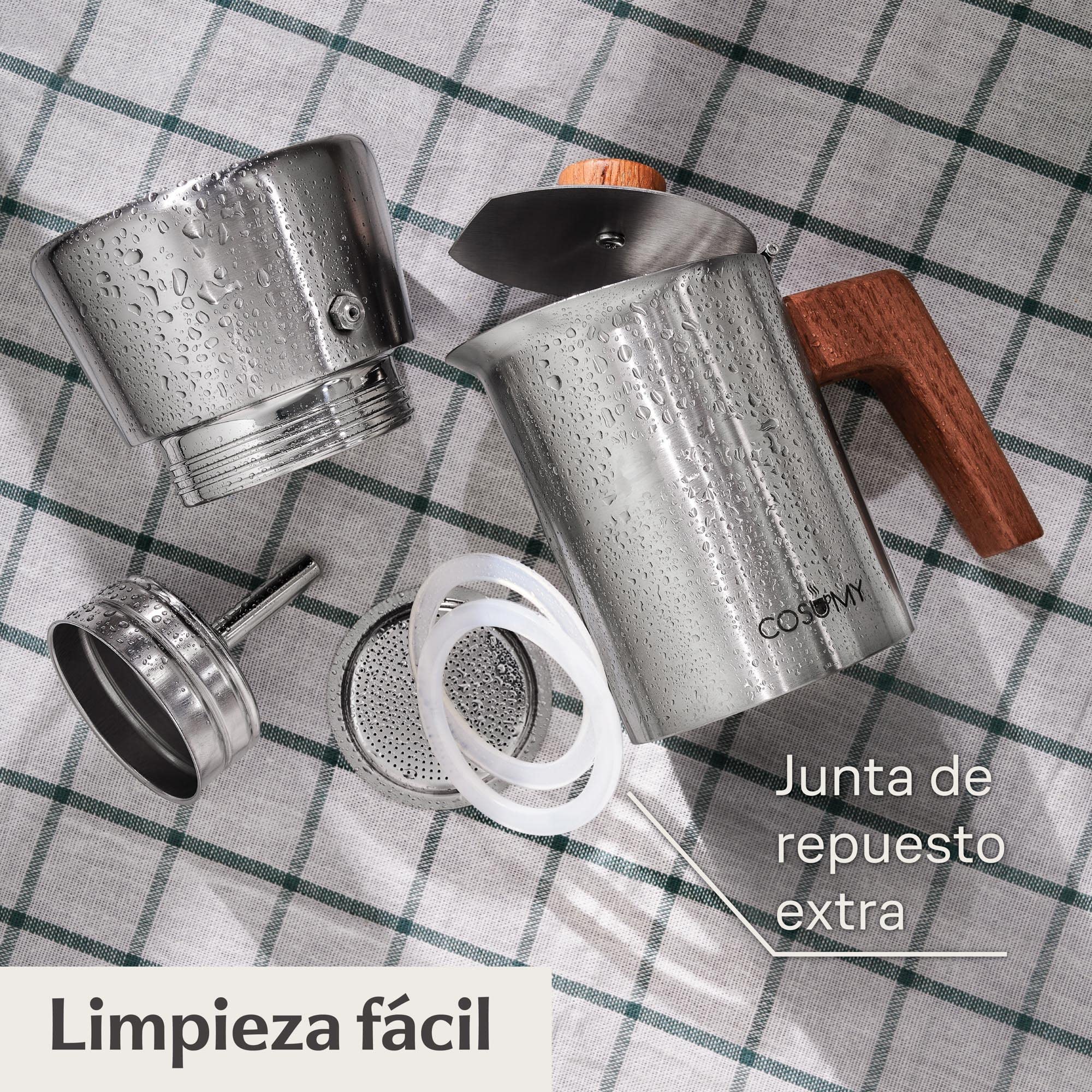 Cosumy Cafetera Espresso 6 tazas - Apta para inducción y todas las demás placas - Acero inoxidable y madera - 300ml