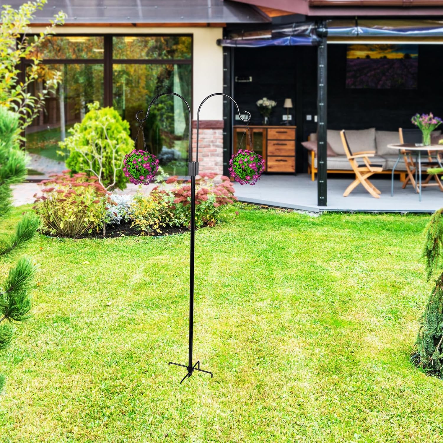 Double Iron Shepherd Hook Ground Inserted Light Hook for Outdoor Garden Hanging Lanterns and Plant Holders Rust-Resistant Patio Yard Décor