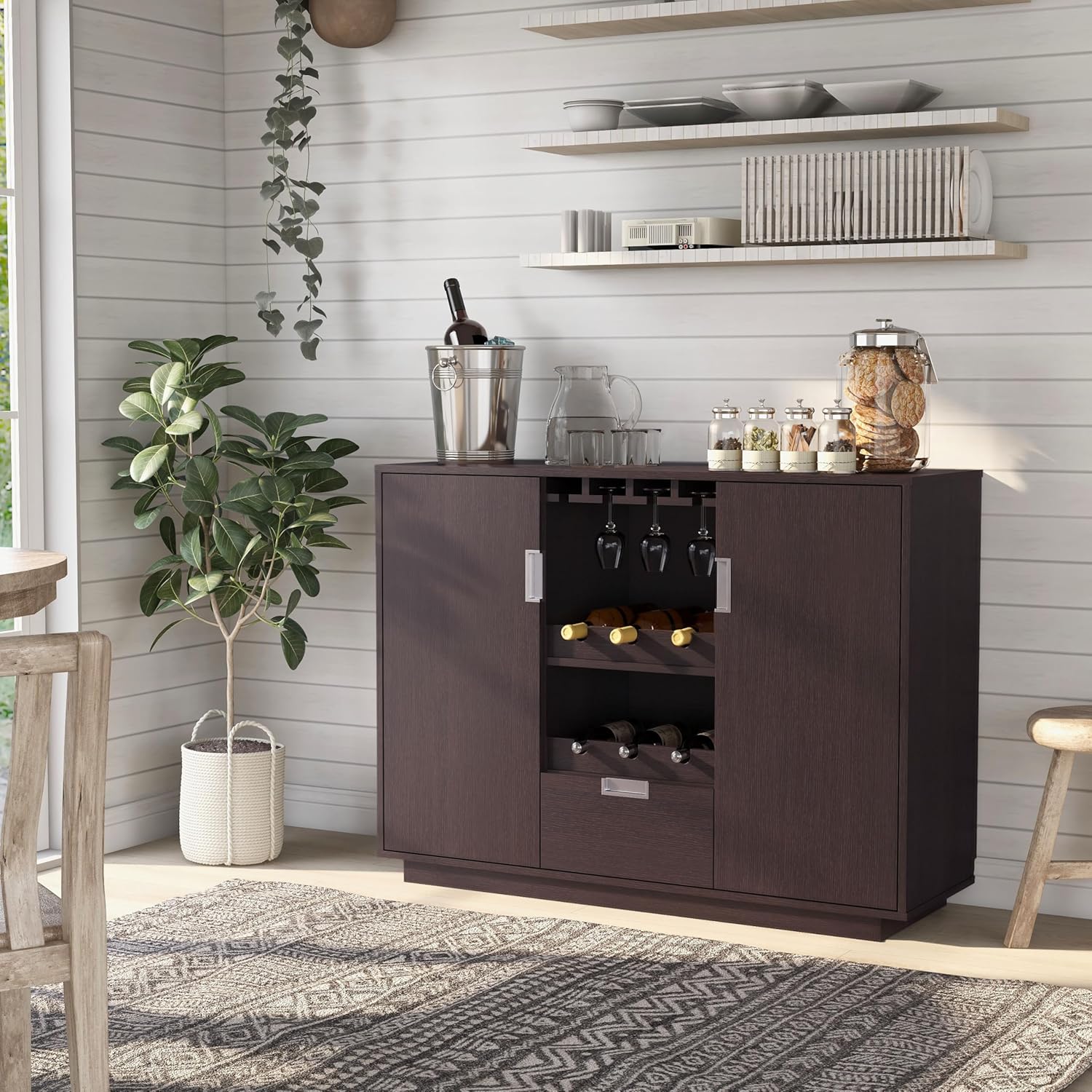 ioHOMES, Mendocino Contemporary 1-Drawer, Wood Frame Dining Buffet with Wine and Glasses Display Racks, Sideboard with Two Shelved Cabinets, Espresso