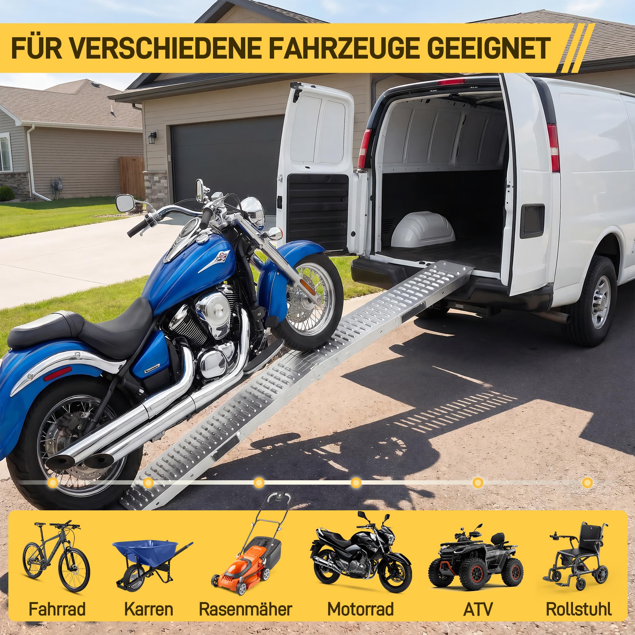 YRHome 2 Stück Faltbare Auffahrrampe Verladerampe Laderampe Laderampen verzinkter rutschfeste Auffahrschienen Rampe 180 x 22.5 cm mit Griff für Motorrad Anhänger Rasenmäher Rasentraktor max. 400 kg