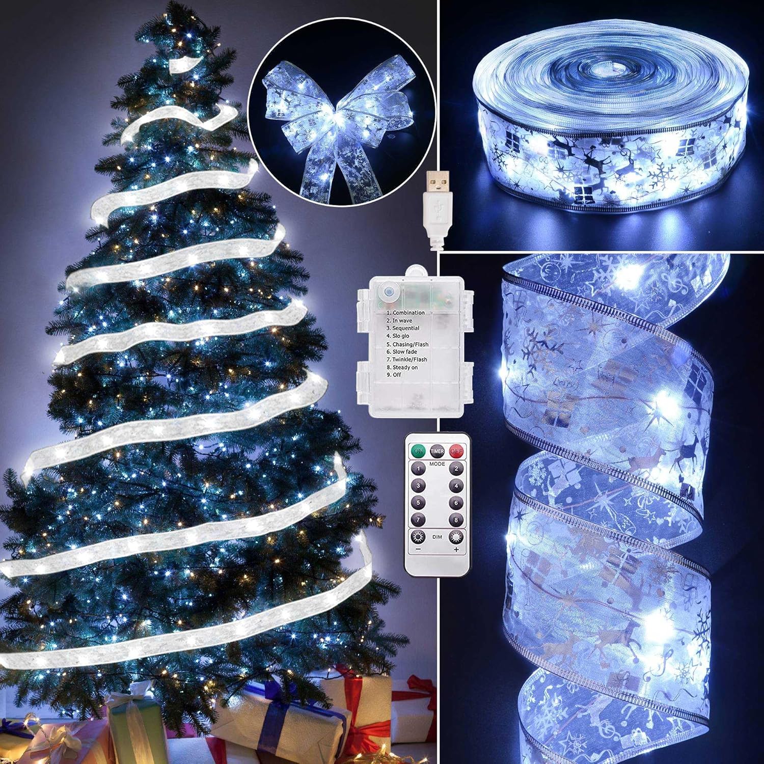 Christmas Decorations, 2.5Inch x 33Ft 100 Led Christmas Tree Ribbon Lights with