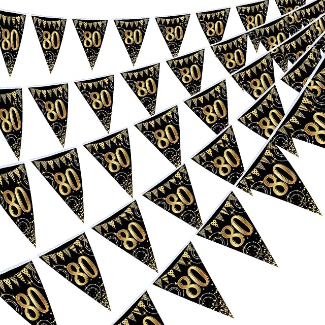 Frienda Happy Birthday Banner Bunting Flags 5 Pieces Gold and Black Glitter Birthday Anniversary Party Decoration Supplies, 7.4 x 10.8 Inch (80th Birthday)