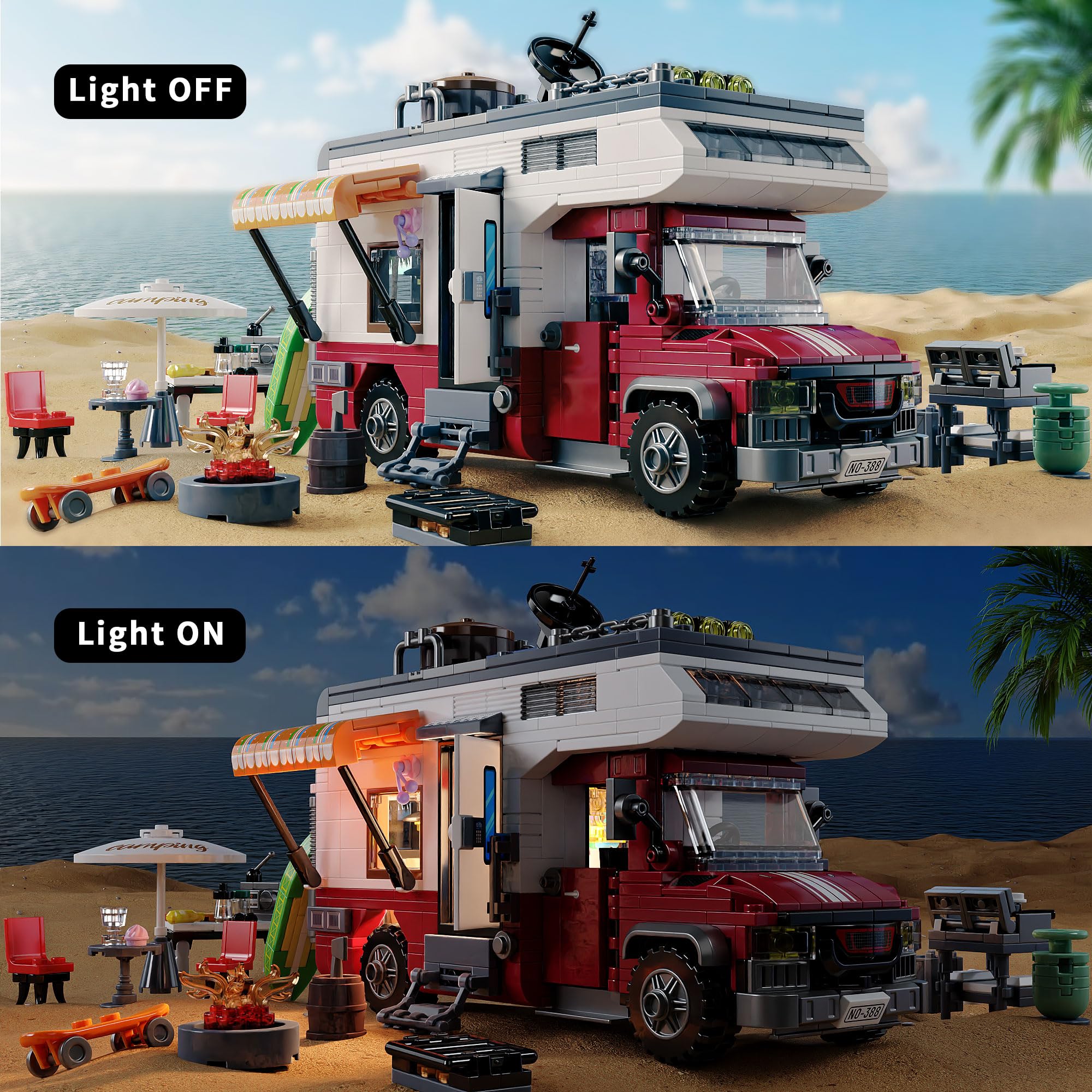 TYCOLE Jeu de Construction Véhicule de Camping Car 880 Pièces | Maquette Voiture d'Aventures City avec Lumières et Accessoires Créative Cadeau Jouet pour Enfants Garçons Filles Dès 6 Ans