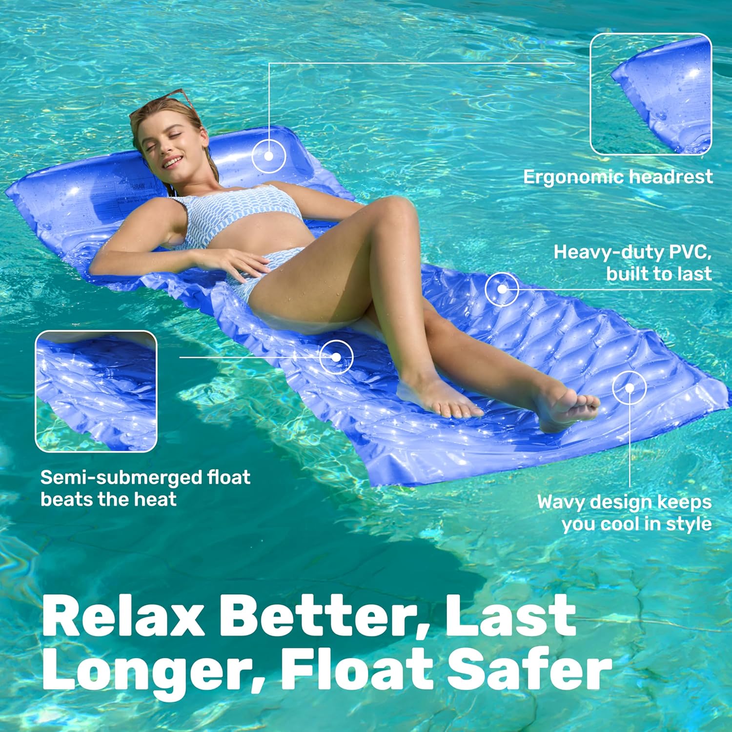 SLOOSH Inflatable Pool Floats Raft,Floating Lounge for Adults,64x32 inch Swimming Mat Pool Mattress with Headrest,2 Pieces Float Air Mat for Summer Water Beach Fun