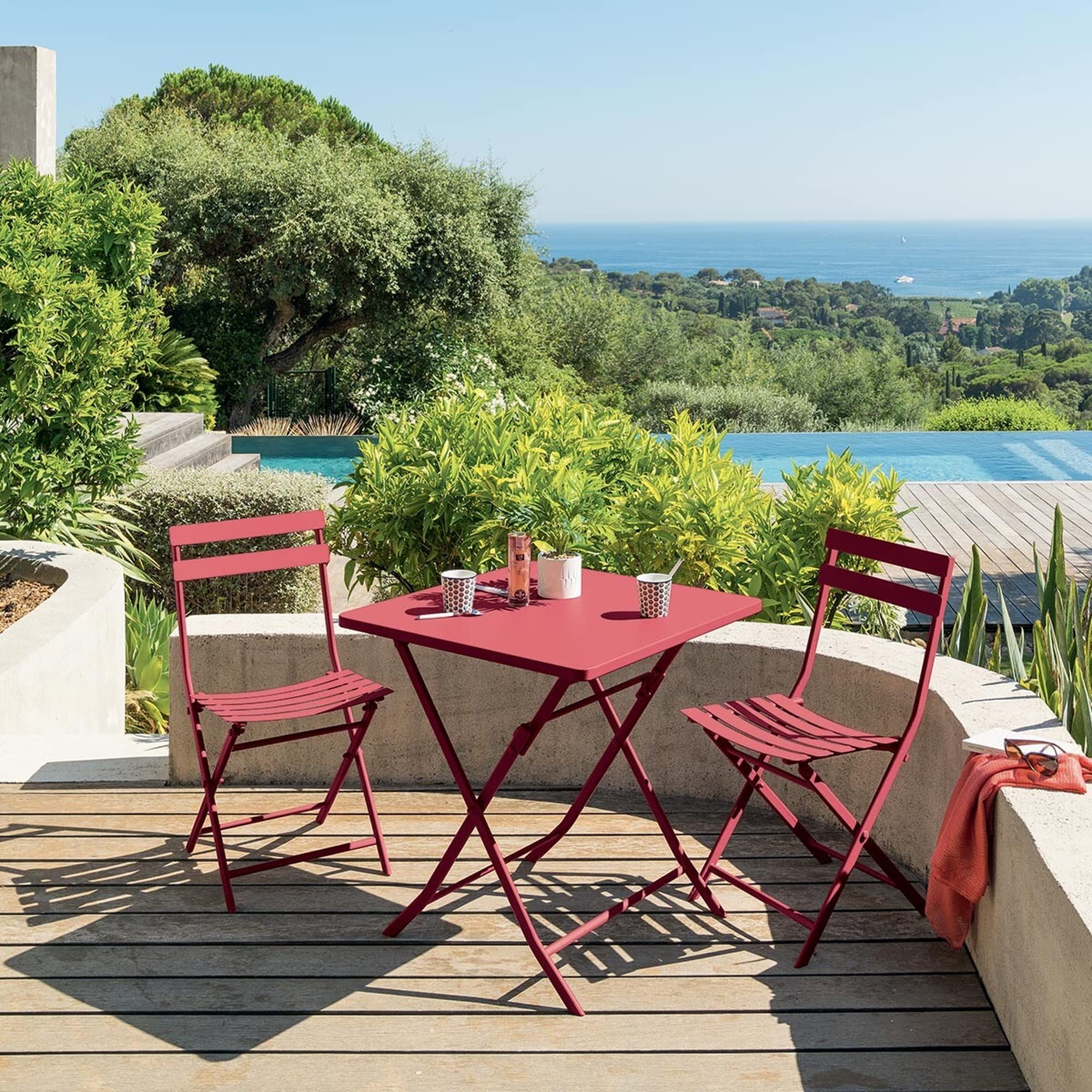 Table De Jardin Pliante HESPÉRIDE - Carrée 70x70x71 Cm - Rouge Groseille - Acier Époxy Antirouille - 2 Places