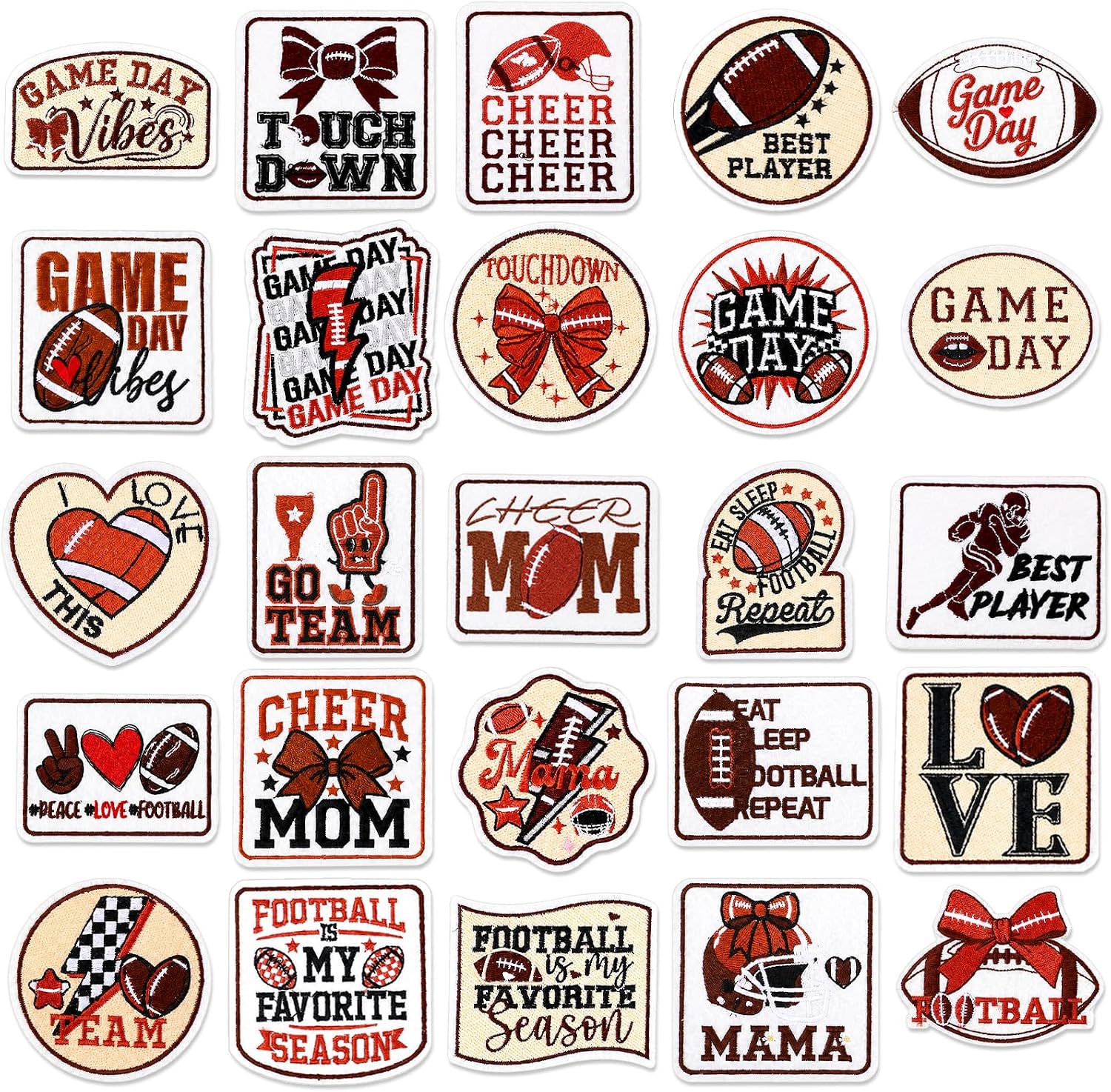 25 Pcs Football Iron on Patches for Hats Game Day Cheer Mom Embroidered Applique Bulk Sew on Patch for Trucker Hat Jacket Jeans Backpack Clothes