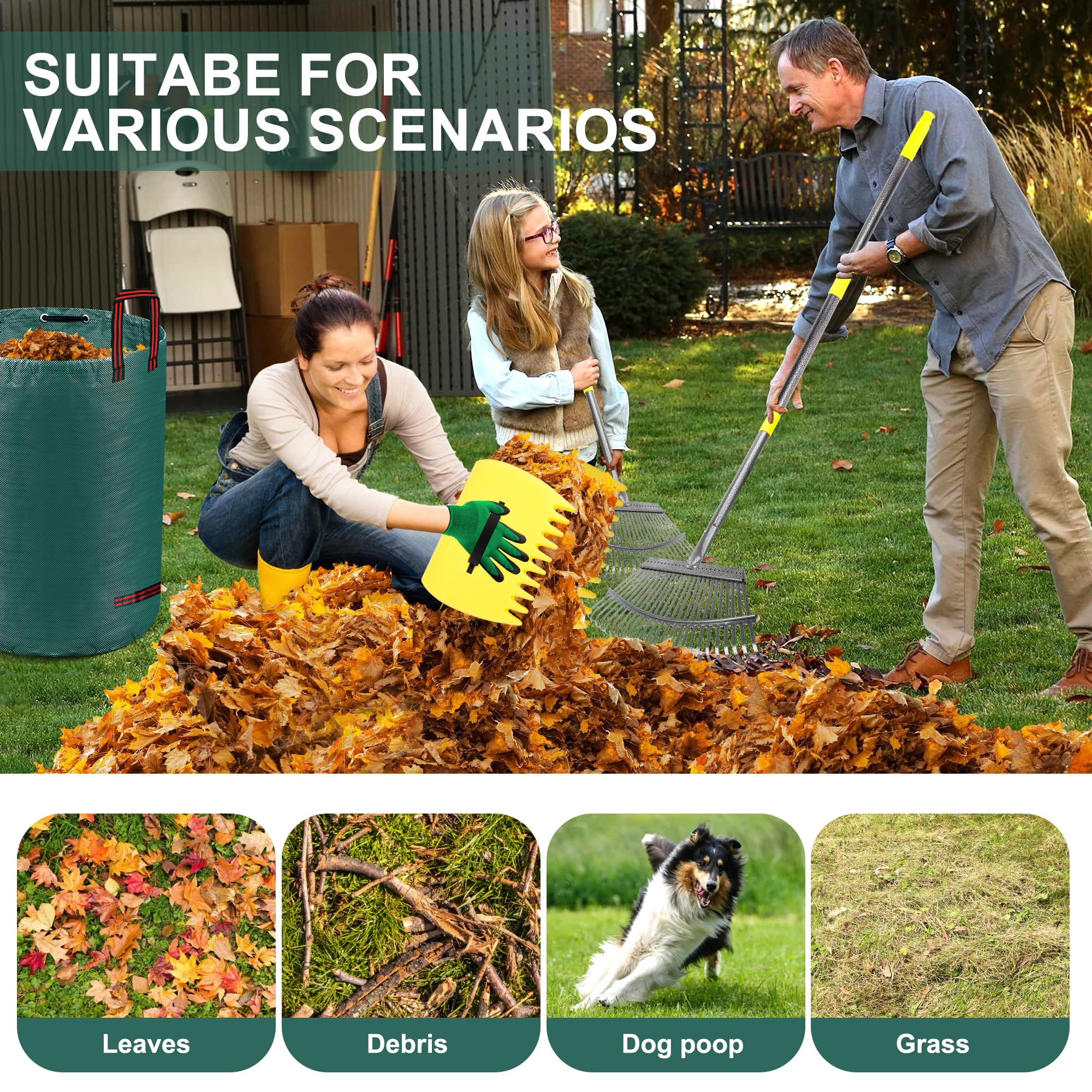 Verstellbarer Laubbesen für den Garten, 45,7 cm breit, 25 Zinken, 94 - 200,7 cm Griff, Metall-Laubbesen mit 2 Laubsäcken und Schaufeln, robustes Rechen-Set für Rasen, Gras, Sträucher, Blumenbeete