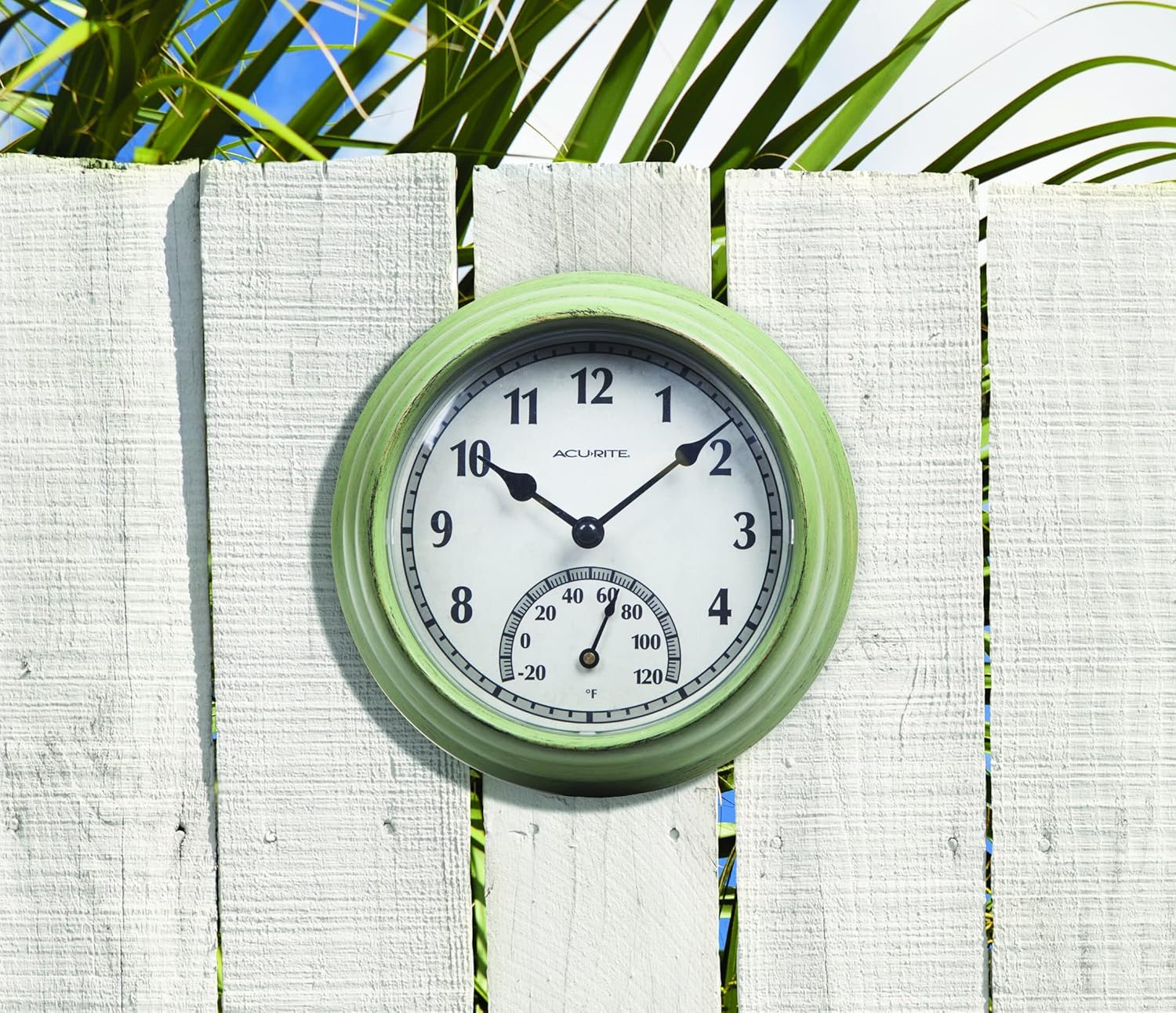 Rustic Green 8.5" Outdoor Analog Wall Clock with Thermometer