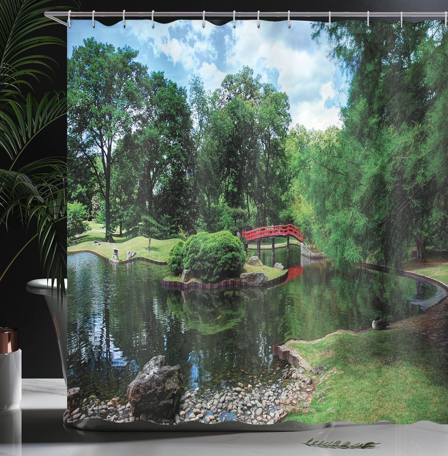 Ambesonne Japanese Shower Curtain, Lake Red Bridge in Gardens Trees Natural Paradise Theme Loneliness in Nature, Cloth Fabric Bathroom Decor Set with Hooks, 69" W x 70" L, Green Blue