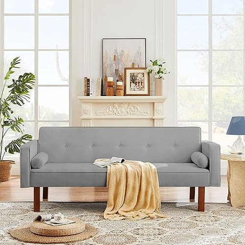 Sofá cama de tela moderna, sofá cama convertible con 2 almohadas y reposabrazos, sofá reclinable plegable de 75 pulgadas con patas de madera maciza