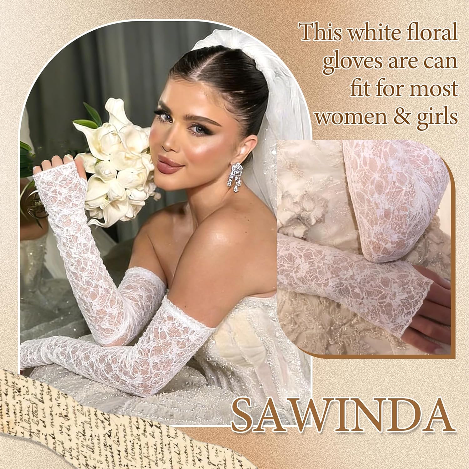 Long Lace Gloves Fingerless Bridal Arm Sleeves Elbow Length Stretchy Floral Gloves For Wedding Dance Tea Party Costume Accessories (18.5 Inch) - Image 3