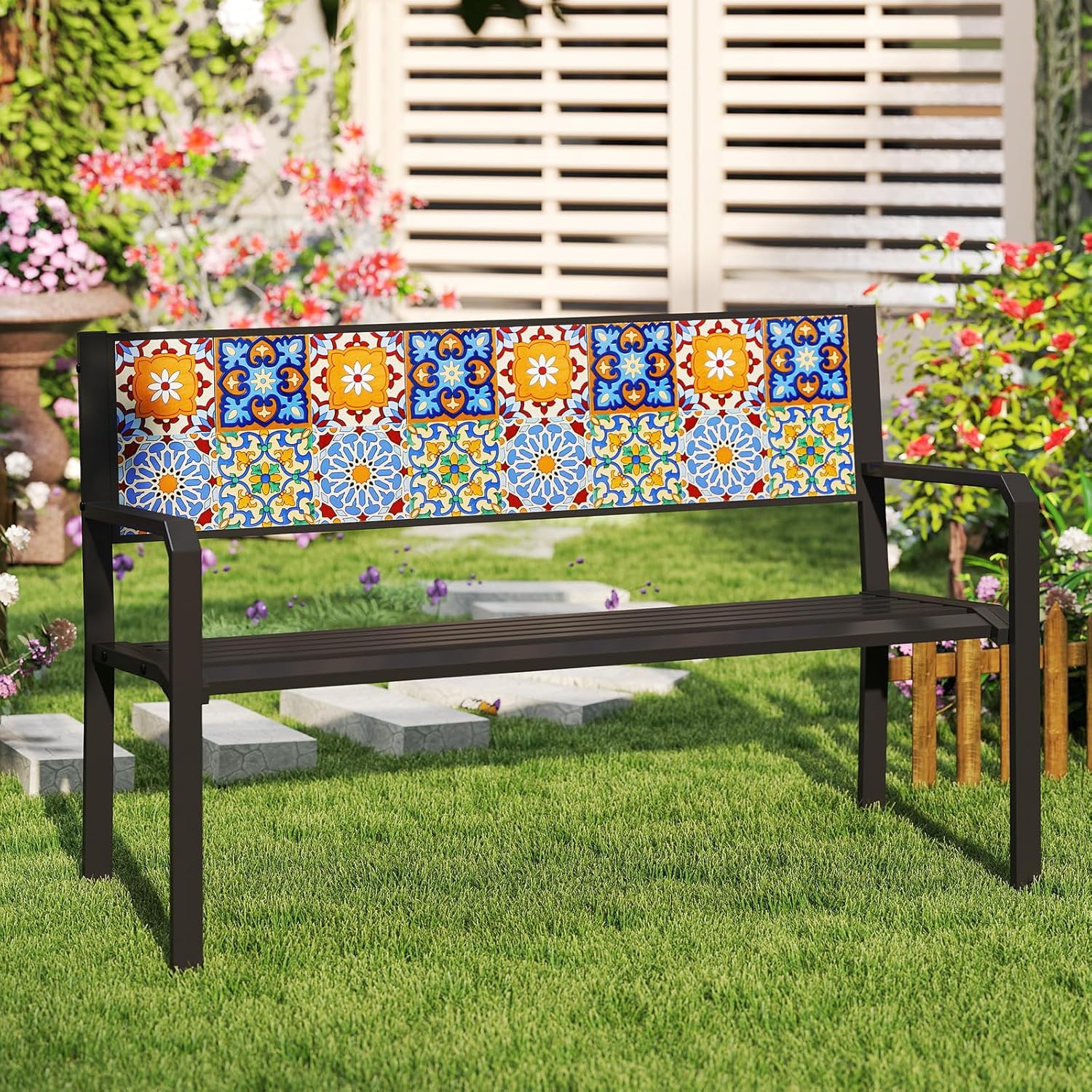 Tangkula 50" Metal Patio Park Bench, Modern Outdoor Classic Slatted Loveseat for 2-3 People with Curved Seat & Mosaic Backrest, Heavy-Duty Outdoor Seating for Backyard, Poolside, Porch
