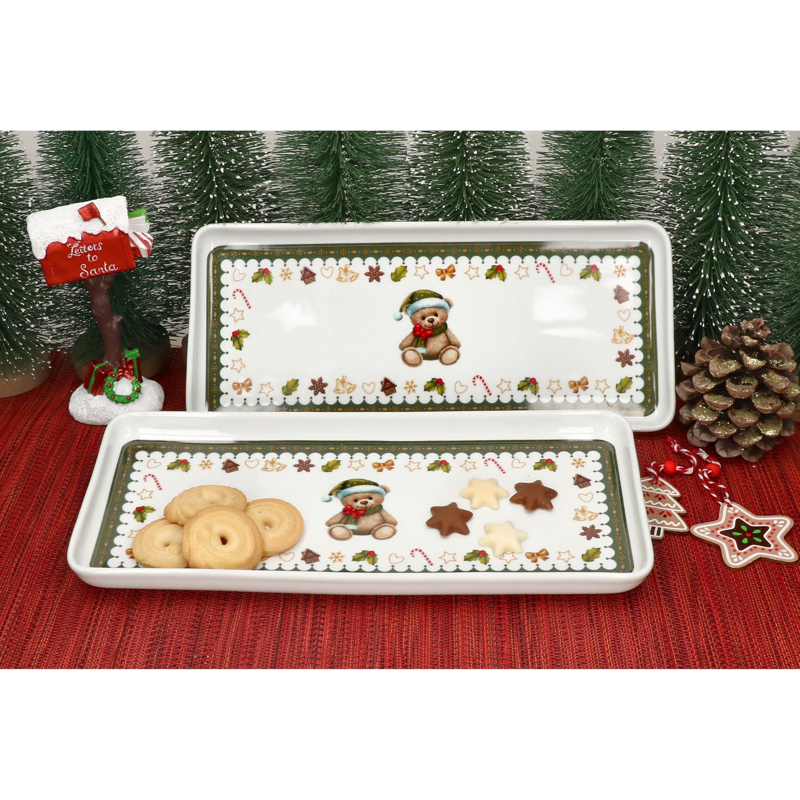 MamboCat Friend Zestaw 2 talerzy na ciasto prostokątne 35 x 15,5 cm | talerze bożonarodzeniowe z porcelany z misiem, domek z piernika itp. | na ciasteczka i wypieki